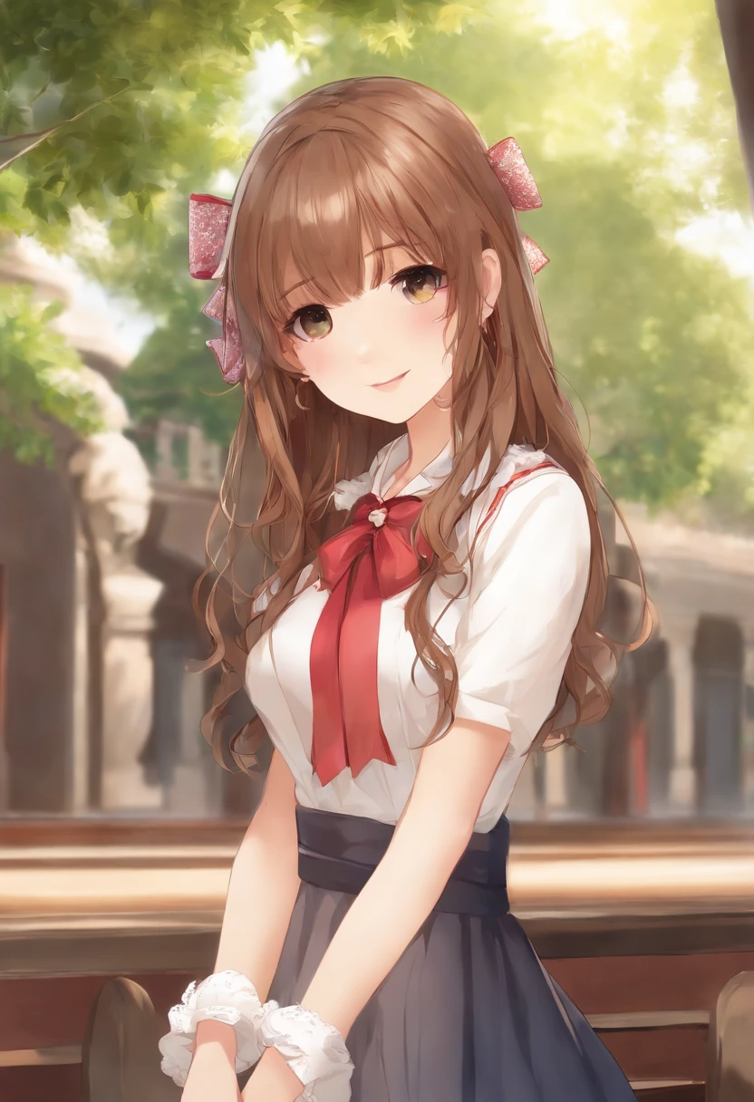 (Extremely delicate and beautiful: 1.2), 1girl in, fashi-girl, Bangs, Pretty eyes, Bow, Brown hair, Closed mouth, Sideways, hair between eye, Hair Bow, Short sleeves, Looking at the viewer, Medium Hair, Solo, Upper body, School uniform: 1.3, ((Solo)), (masutepiece), Blonde