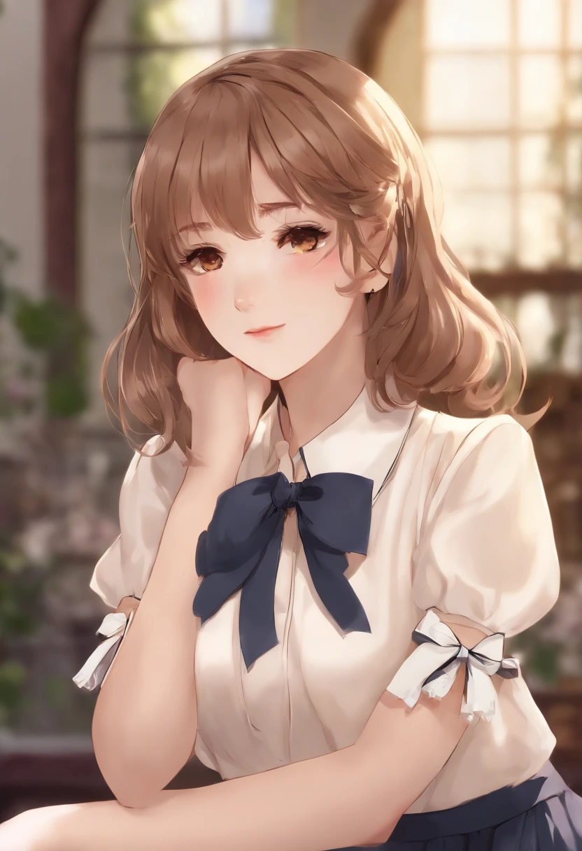 (Extremely delicate and beautiful: 1.2), 1girl in, fashi-girl, Bangs, Pretty eyes, Bow, Brown hair, Closed mouth, Sideways, hair between eye, Hair Bow, Short sleeves, Looking at the viewer, Medium Hair, Solo, Upper body, School uniform: 1.3, ((Solo)), (masutepiece), Blonde