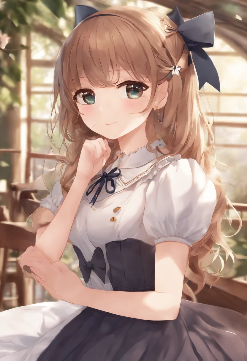 (Extremely delicate and beautiful: 1.2), 1girl in, fashi-girl, Bangs, Pretty eyes, Bow, Brown hair, Closed mouth, Sideways, hair between eye, Hair Bow, Short sleeves, Looking at the viewer, Medium Hair, Solo, Upper body, School uniform: 1.3, ((Solo)), (masutepiece), Blonde