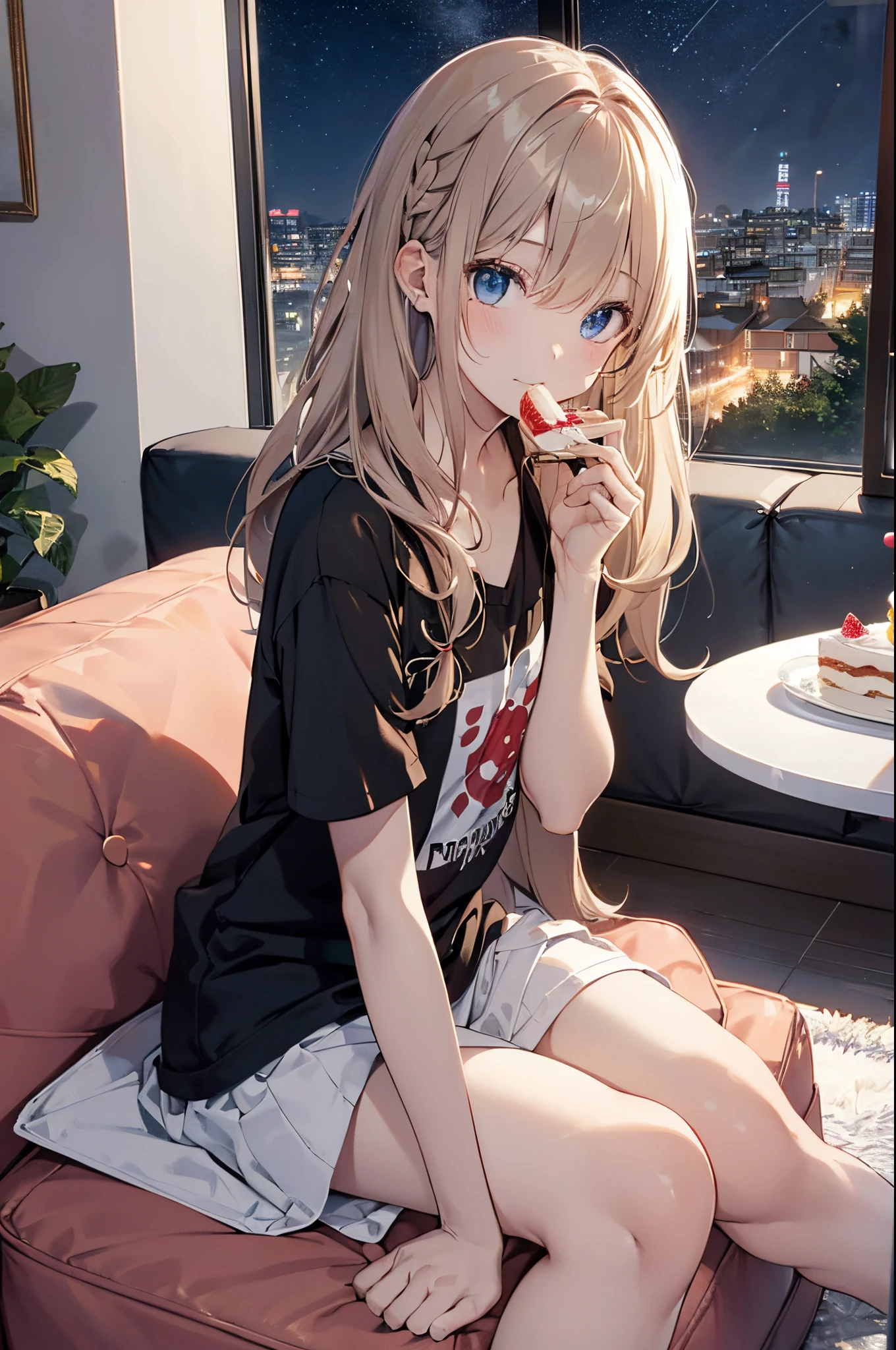(Girl with a nasty appearance:1.3)、(Night:1.5)、(and chest:1.4)、Raw photography, top-quality, hight resolution, (masterpiece), (Photorealsitic:1.4), (Mole under the eyes),Anime Cosplay, foco nítido, nffsw, 8K分辨率, intricate detailes, depth of fields, the Extremely Detailed CG Unity 8K Wallpapers, front lit, femele,25-years old、 Happy face,Long bangs、(tying hair:1.5)、(Medium short brown hair)、(Oversized T-shirt)、blue eyess,(Living room of the house:1.5)、(Sitting on the sofa:1.3)、(Full body depiction)、(eating cakes:1.2)、The night sky shines、The world shining through the window、birthday cake、short keiki