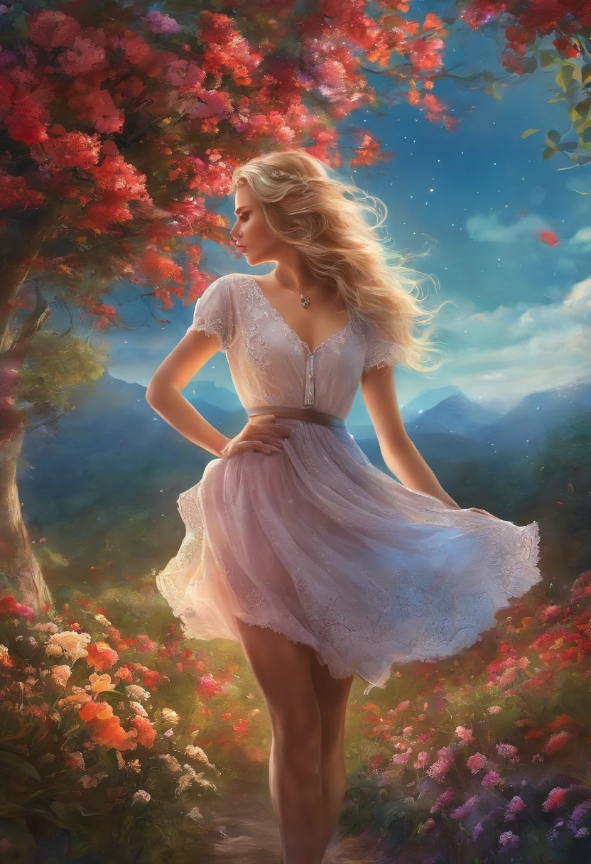 closeup happy, meadow, woods, hill, tilt-shift, dappled light particles, sunshine, blonde, bare shoulder, wearing hair ribbons, (fuchsia clothes), rainbow, hdr, masterpiece, detailed photorealistic painting