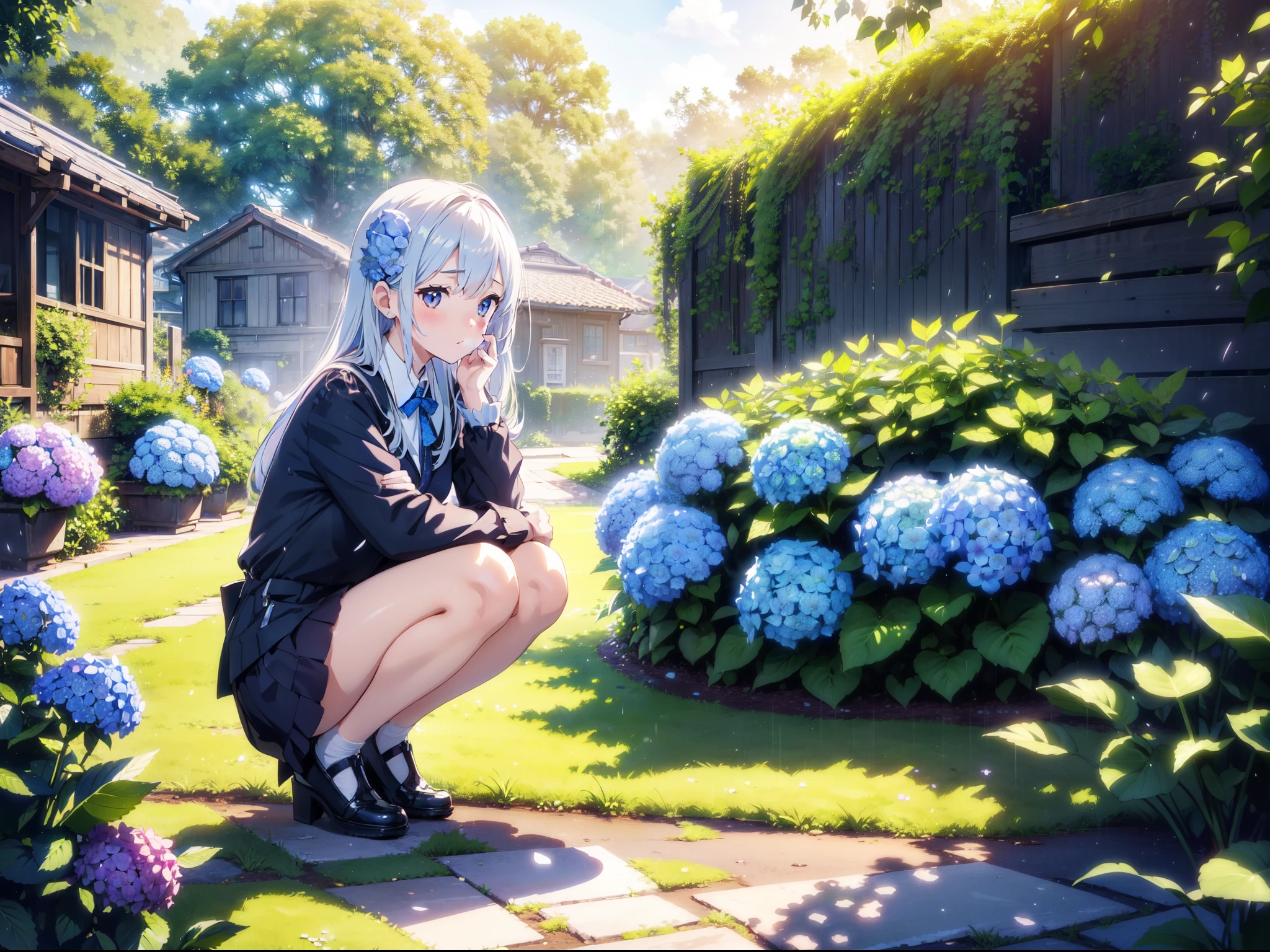 1 cute girl, looking hydrangea , squatting , sunlight, cinematic lighting, face focus , after rain , high resolution,(incredibly absurdres) ,extremely detailed CG unity 8k wallpaper, ((masterpiece)), ((top-quality)), (beautiful illustration,background Tento), ((an extremely delicate and beautiful))