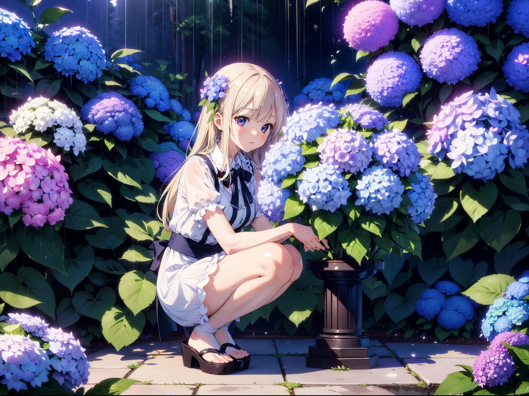 1 cute girl,  holding reflex camera , squatting, hydrangea , cinematic lighting, character focus , after rain , high resolution,(incredibly absurdres) ,extremely detailed CG unity 8k wallpaper, ((masterpiece)), ((top-quality)), (beautiful illustration,background Tento), ((an extremely delicate and beautiful))