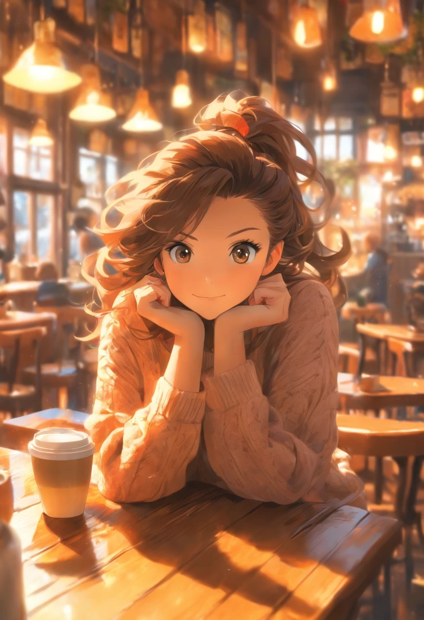 foreshortening, depth of fields, masutepiece, Best Quality, 1girl in, Brown hair, Brown eyes, Long hair, tea shop, Solo, Looking at Viewer, sweater girl ,Relax at a rural coffee shop