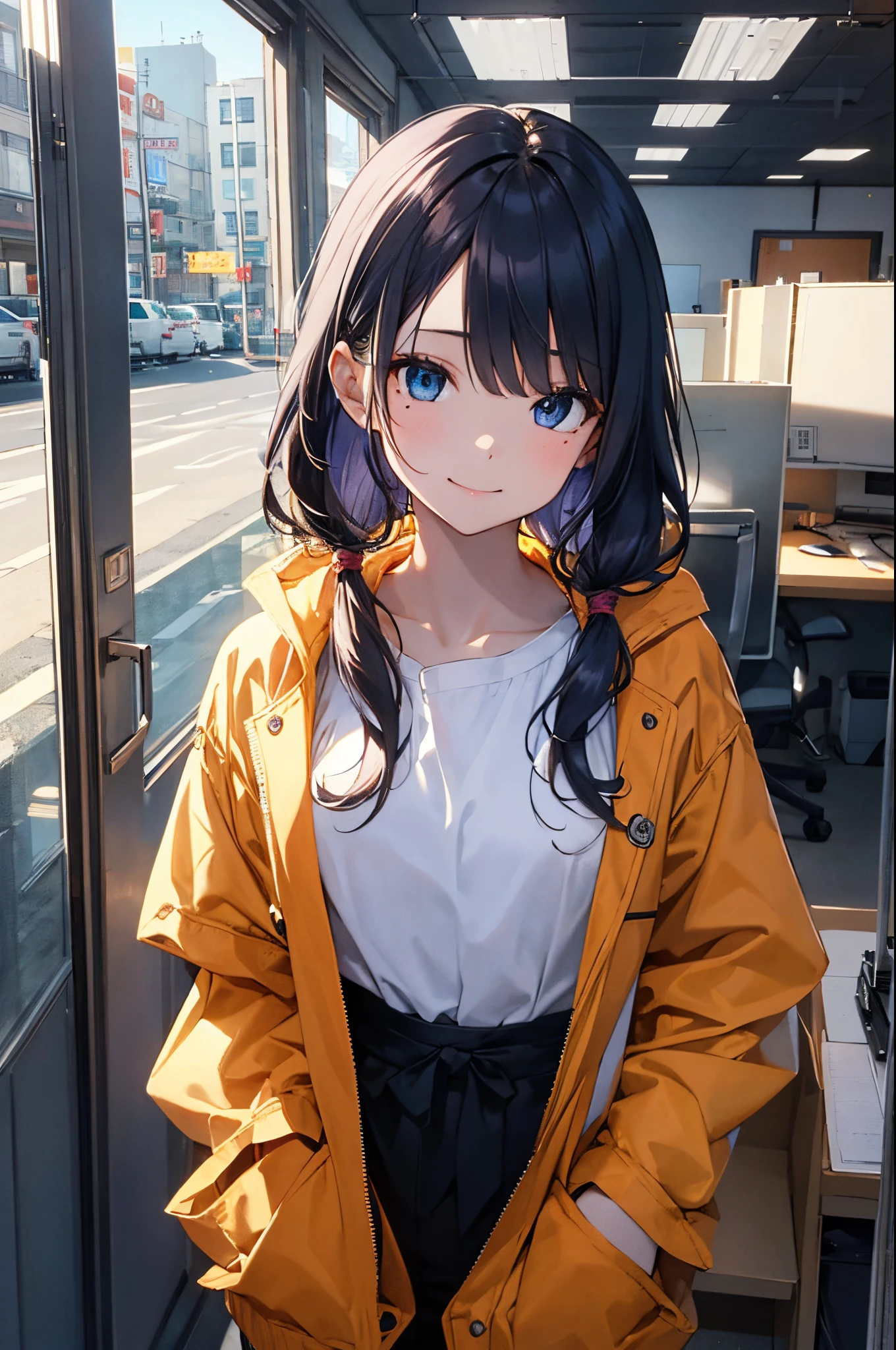 (Girl with a nasty appearance:1.3)、(Daytime:1.5)、(and chest:1.4)、Raw photography, top-quality, hight resolution, (masterpiece), (Photorealsitic:1.4), (Mole under the eyes),Anime Cosplay, foco nítido, nffsw, 8K分辨率, intricate detailes, depth of fields, the Extremely Detailed CG Unity 8K Wallpapers, front lit, femele,25-years old、 Happy face,Smiling、Bangs covering one eye、(tying hair:1.5)、(Medium Showtrain Bo Hair)、(Large jacket)、blue eyess,(ty:1.5)、(At work:1.3)、(Full body depiction)、Calling:1.2)、shining world、Wall clock、s Office、personal computers、a desk