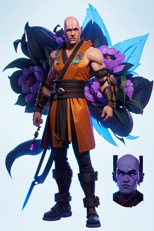 01_(Stylized character concept art), (1.full body figure), (3D character concept), (game character design).
(Description of the hero), (a young man, a Shaolin monk who combines traditional elements of ancient Chinese martial masters and modern urbanized details of appearance). (A smoothly cropped head, a piercing gaze, this is a fighter, an artist, a cyber-mage. He has a strong physique, a bald head, a strong neck, shoulders, arms, strong legs). (Dressed in a loose silk kimono, decorated with traditional Chinese patterns; flowers, peonies, skulls, birds. A wide belt girds a strong torso, the open chest is covered with rosary beads. Arms and legs are protected by combat protective elements in a futuristic style, cyberpunk, cyber fighter. ! On her feet are cool white shoes, with thick soles!). (His weapon, the magic of fine arts, is armed with a long pole, this is a technological device, vaguely reminiscent of a traditional fighting pole, metal, electronic, cyber weapons. With the help of virtual images, the Fighter Monk is able to recreate various elements in space; dragons, demons, birds, flowers, and dead people. He is depending on the level of accumulated energy and the presence of “primary elements”).
02_The image is made in the style of a concept sheet, white background, (one character, full height), weapons in hands, (spectacular dynamic - combat pose with a pole, creates a combat phantom in space). (Clothing colors, muted orange, metal elements, plastic; Cyberpunk style, future fighter).
03_Stylization, game character concept, white background, one full-length hero. Stylization; fantasy - cyberpunk, Riot Games, League of Legends, World of Warcraft. 3D character, game model, high quality – artistic hand-drawn 2D textures; (diffusion, transparency, glow, relief.) Rich, balanced color scheme, linear graphic outline in black.