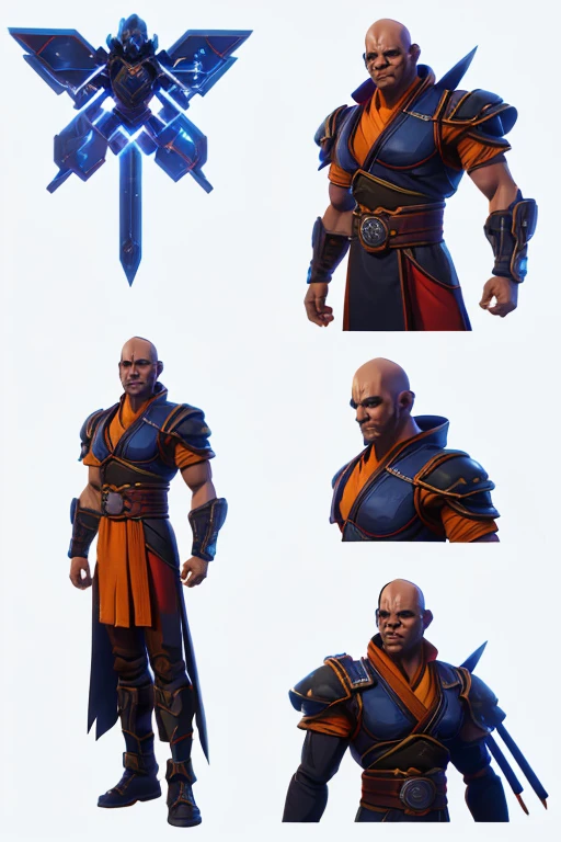 01_(Stylized character concept art), (1.full body figure), (3D character concept), (game character design).
  (Description of the hero), (a young man, a Shaolin monk who combines traditional elements of ancient Chinese martial masters and modern urbanized details of appearance). (A smoothly cropped head, a piercing gaze, this is a fighter, an artist, a cyber-mage. He has a strong physique, a bald head, a strong neck, shoulders, arms, strong legs). (Dressed in a loose silk kimono, decorated with traditional Chinese patterns; flowers, peonies, skulls, birds. A wide belt girds a strong torso, the open ????? is covered with rosary beads. Arms and legs are protected by combat protective elements in a futuristic style, cyberpunk, cyber fighter. ! On her feet are cool white shoes, with thick soles!). (His weapon, the magic of fine arts, is armed with a long pole, this is a technological device, vaguely reminiscent of a traditional fighting pole, metal, electronic, cyber weapons. With the help of virtual images, the Fighter Monk is able to recreate various elements in space; dragons, demons, birds, flowers, and dead people. He is depending on the level of accumulated energy and the presence of “primary elements”).
02_The image is made in the style of a concept sheet, white background, (one character, full height), weapons in hands, (spectacular dynamic - combat pose with a pole, creates a combat phantom in space). (Clothing colors, muted orange, metal elements, plastic; Cyberpunk style, future fighter).
03_Stylization, game character concept, white background, one full-length hero. Stylization; fantasy - cyberpunk, Riot Games, League of Legends, World of Warcraft. 3D character, game model, high quality – artistic hand-drawn 2D textures; (diffusion, transparency, glow, relief.) Rich, balanced color scheme, linear graphic outline in black.