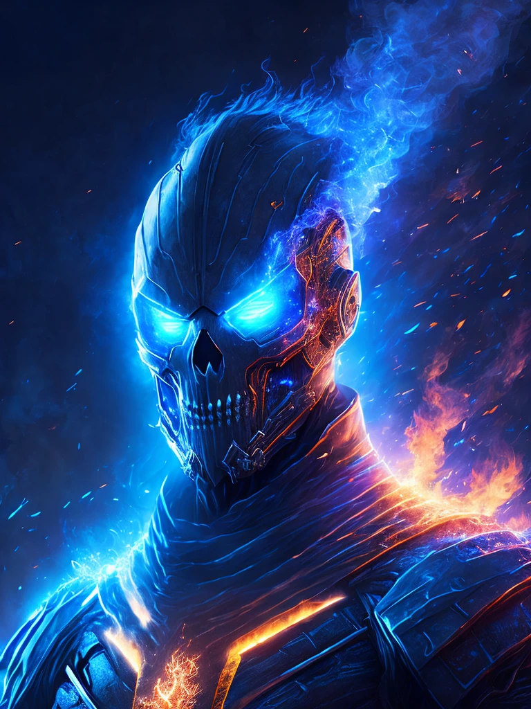 gloomy portrait of Zombie Ghost Rider from Marvel, extremely detailed, futuristic cityscape, nighttime, glowing neon lights, smoke, sparks, metal shavings, flying debris, blue energy effects, volumetric light