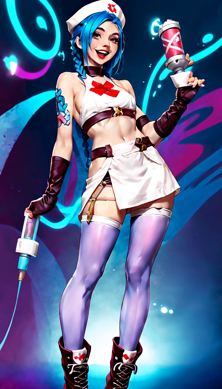Jinx nurse，nurse hat，(White nurse costume)，Rose tattoo，big laughter，Blue twist braid，With a huge needle，The needle stands taller than a person。Runaway Lori，League of Legends ，de cuerpo completo，(kneehigh boots)),purpleish color，(fishnet leggings),(standing on your feet)，The background is dark and tough，There is a sense of danger and intensity。