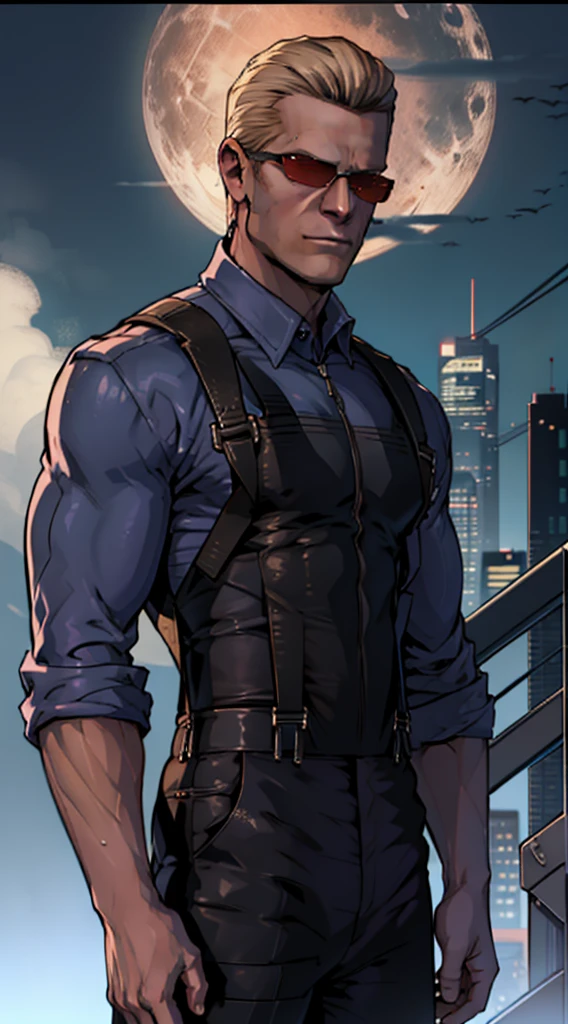 1 man, solo, Albert Wesker, lean muscle male, really tall, wearing a dark blue shirt, leather suspenders, looking casual, wearing elegant sunglasses, straight posture, cold face, middle aged, in a labratory, night time, high quality, solo, single male, male focus, face closeup, flat style