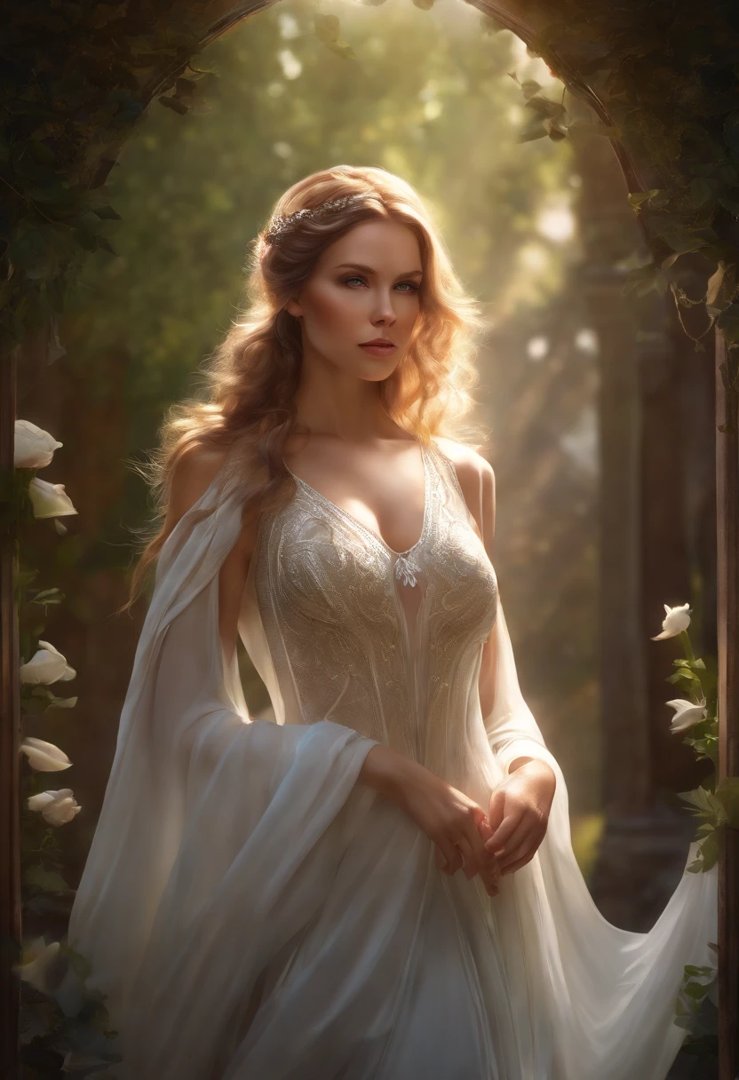 Female Elf Waist Shot, Convoluted, Slender face, Elegant, Wearing a sapphire necklace, White light dress with strap, Facing Camera, Highly detailed, Digital Painting, art  stations, Concept art, Smooth, Sharp Focus, Illustration, art by artgerm and greg rutkowski and alphonse mucha, 8K, Volumetric fog, bloom, llight rays, lumen, Crank bokeh