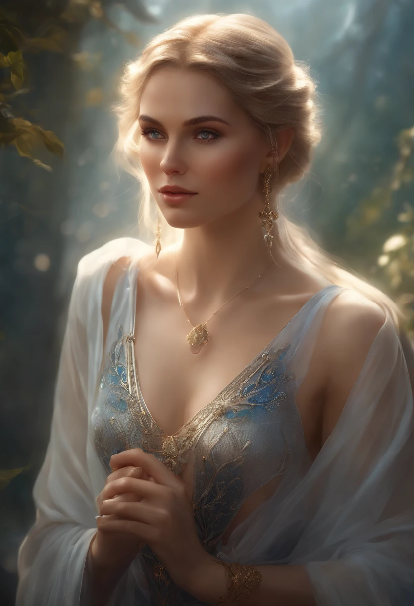 Female Elf Waist Shot, Convoluted, Slender face, Elegant, Wearing a sapphire necklace, White light dress with strap, Facing Camera, Highly detailed, Digital Painting, art stations, Concept art, Smooth, Sharp Focus, Illustration, art by artgerm and greg rutkowski and alphonse mucha, 8K, Volumetric fog, bloom, llight rays, lumen, Crank bokeh