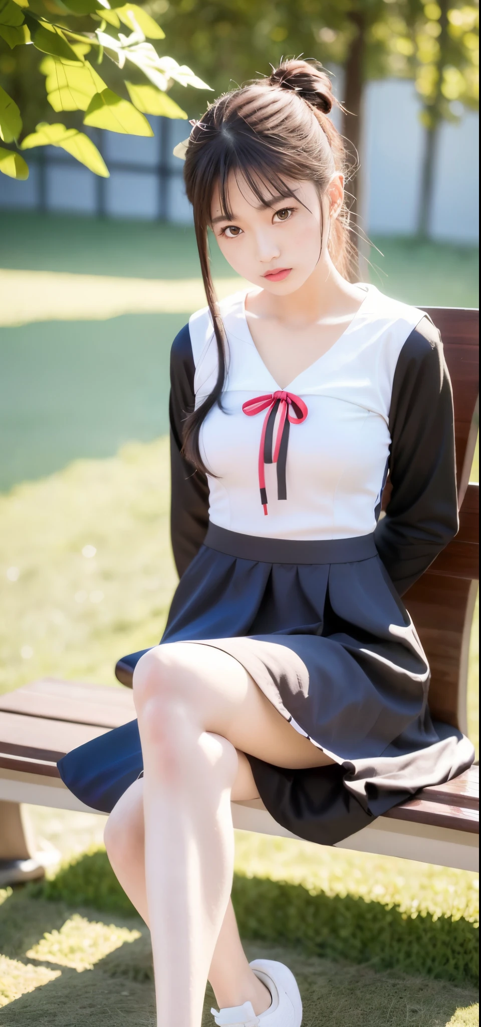 Alafid Asian woman sitting on park bench, girl in uniform, wearing volleyball jersey, Wearing a polo shirt, Sporty, xintong chen, anime thai girl, tennis wear, photo of slim girl model, cute sportswear, ChineseGirl, jinyiwei, JK school uniform, model in Japan, nanquan, gorgeous chinese models, Korean girls, Japan schoolgirl school uniform