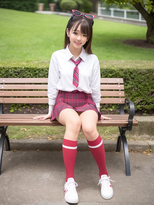 a beauty girl、photorealistic picture、Photo like image quality、Photorealistic face、Realistic body、detailed skin textures、A hyper-realistic、Top image quality、An ultra-high picture quality、see the beholder、8K、hight resolution、The whole body is shown、profetional lighting、Attractive thighs、Beautiful leg line beauty、Smooth knees、a park、Red tartan check mini skirt、Micro Mini Skirt、sit on a bench、White sneakers、knee high socks、Socks up to the knee