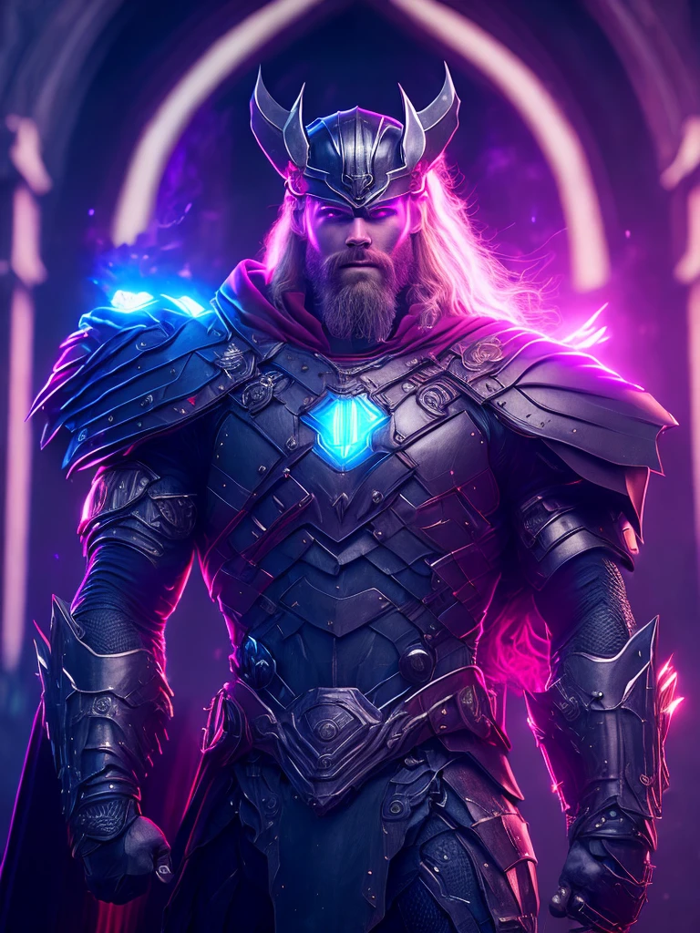Portrait, Thor Horseman of the Apocalypse from Marvel, biomechanical, complex robot, full growth, hyperrealistic, insane small details, extremely clean lines, cyberpunk aesthetic, masterpiece presented at Zbrush Central, gothic brutalist cathedral, cyberpunk, award-winning photo, bokeh, neon lights, cybernetic limb