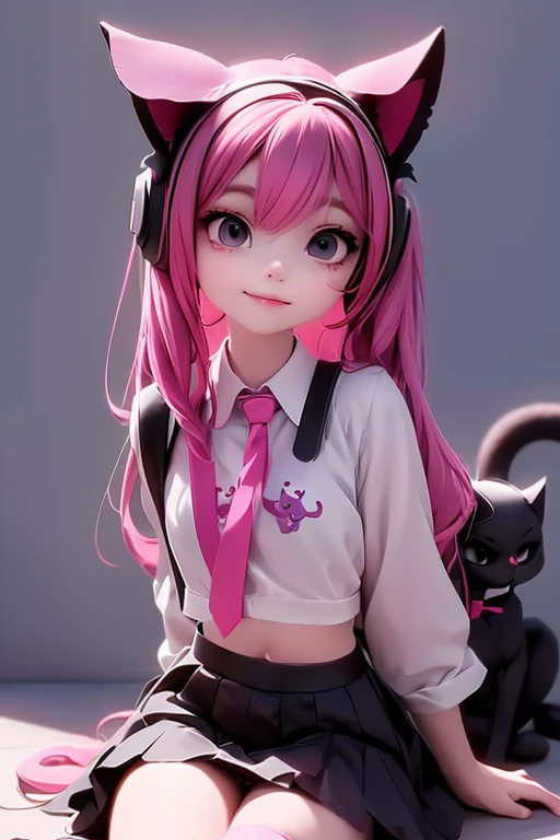 a demon girl with headphones and a backpack sitting on the ground,  anime goth demon girl, wearing skirt and crop lace shirt, choke,  wearing cat ear headphones, ulzzang, sfw