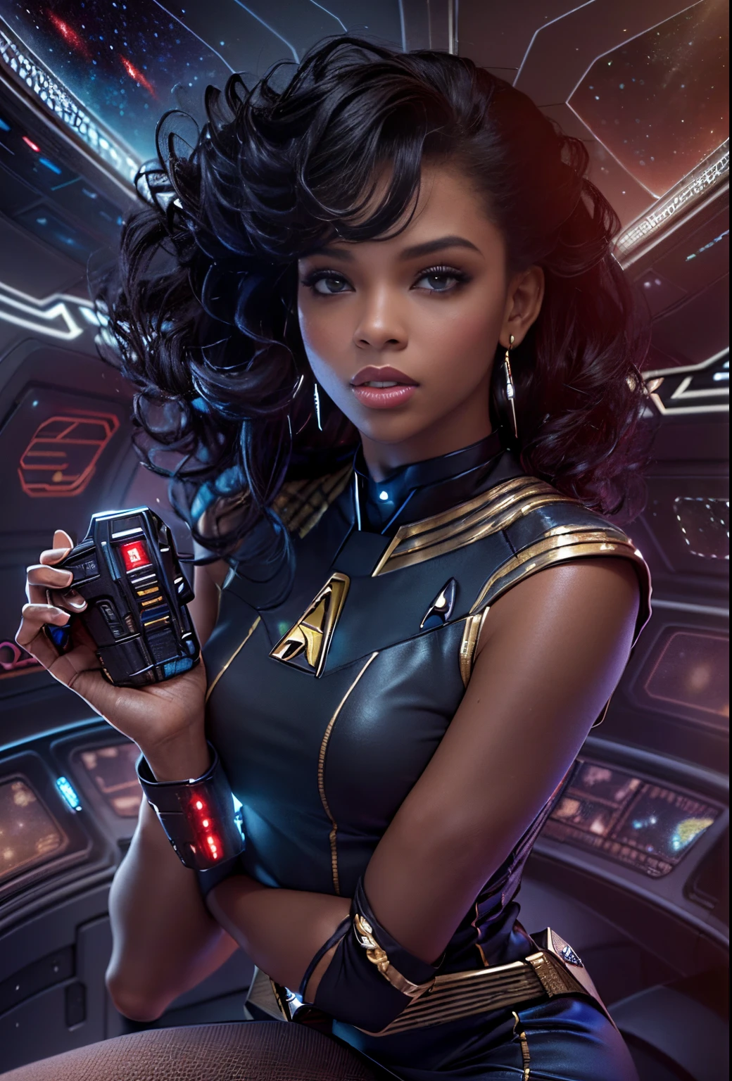 ((21-year-old))), black girl, (((light skin))), (((full body pose))),  (((long curly black hair))), (((wearing Star trek uniform dress, pantyhose, and heels))), (((holding a phaser))), (((metal choker))), (((starship scene))), scifi fantasy, Rich, Deep Colours, (intricate details:0.9), (HDR, hyper-detailing:1.2), (natural skin textures, hyper realisitc, glistening skin, soft light, Sharp),
