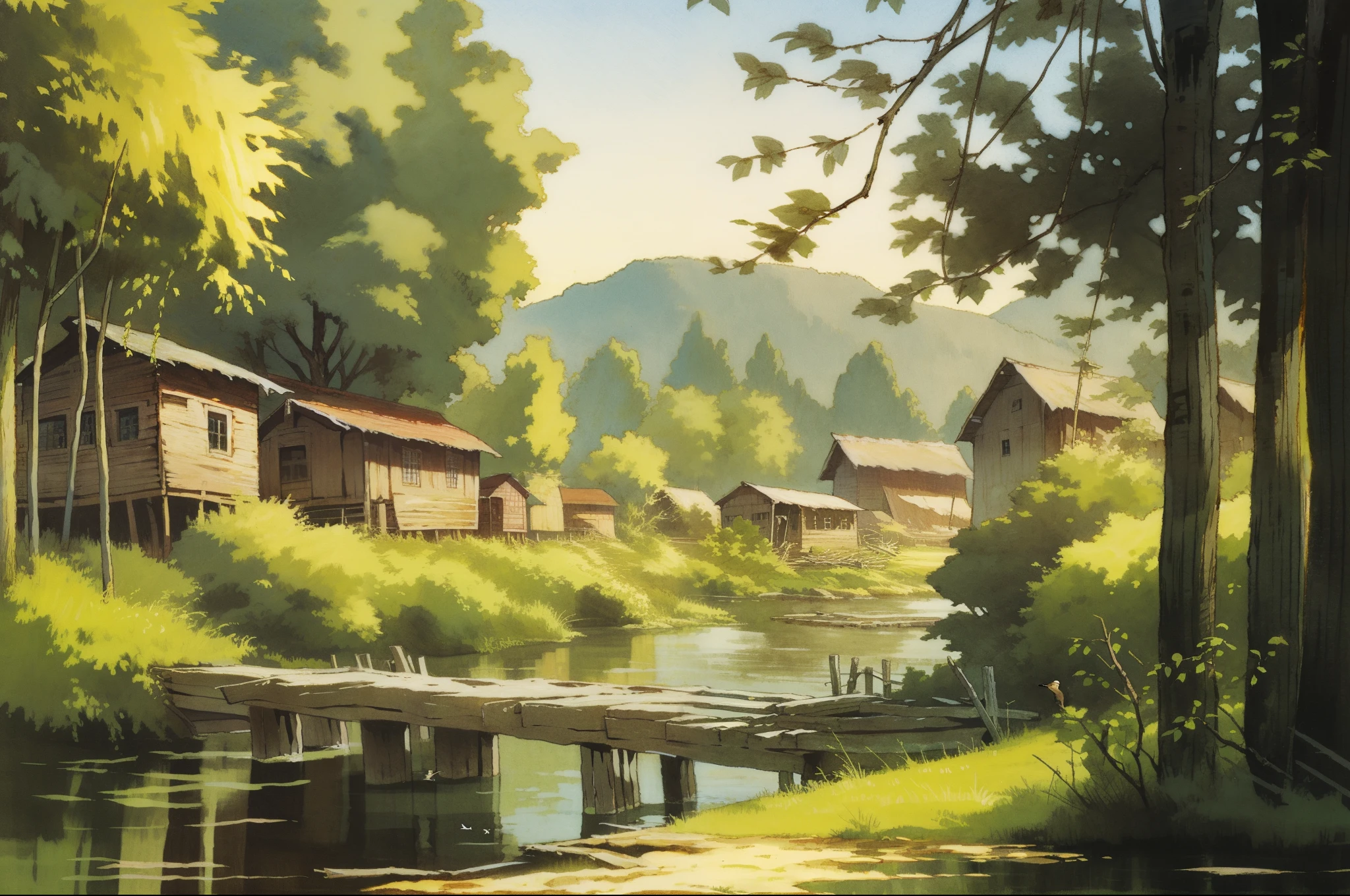 (((best quality))), small old farm house by a river, wooden bridge, birds, trees, reed