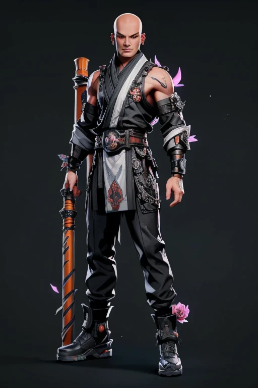 01_(Stylized character concept art), (1.full body figure), (3D character concept), (game character design).
  (Description of the hero), (a young man, a Shaolin monk who combines traditional elements of ancient Chinese martial masters and modern urbanized details of appearance). (A smoothly cropped head, a piercing gaze, this is a fighter, an artist, a cyber-mage. He has a strong physique, a bald head, a strong neck, shoulders, arms, strong legs). (Dressed in a loose silk kimono, decorated with traditional Chinese patterns; flowers, peonies, skulls, birds. A wide belt girds a strong torso, the open chest is covered with rosary beads. Arms and legs are protected by combat protective elements in a futuristic style, cyberpunk, cyber fighter. ! On her feet are cool white shoes, with thick soles!). (His weapon, the magic of fine arts, is armed with a long pole, this is a technological device, vaguely reminiscent of a traditional fighting pole, metal, electronic, cyber weapons. With the help of virtual images, the Fighter Monk is able to recreate various elements in space; dragons, demons, birds, flowers, and dead people. He is depending on the level of accumulated energy and the presence of “primary elements”).
02_The image is made in the style of a concept sheet, white background, (one character, full height), weapons in hands, (spectacular dynamic - combat pose with a pole, creates a combat phantom in space). (Clothing colors, muted orange, metal elements, plastic; Cyberpunk style, future fighter).
03_Stylization, game character concept, white background, one full-length hero. Stylization; fantasy - cyberpunk, Riot Games, League of Legends, World of Warcraft. 3D character, game model, high quality – artistic hand-drawn 2D textures; (diffusion, transparency, glow, relief.) Rich, balanced color scheme, linear graphic outline in black.