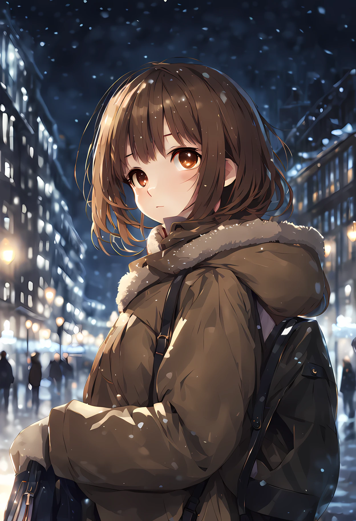 masterpiece, best quality, 1girl in city, hloding bag, looking at viewer, winter clothes, cute, solo, brown hair, brown eyes, pixiv, depth of field, night