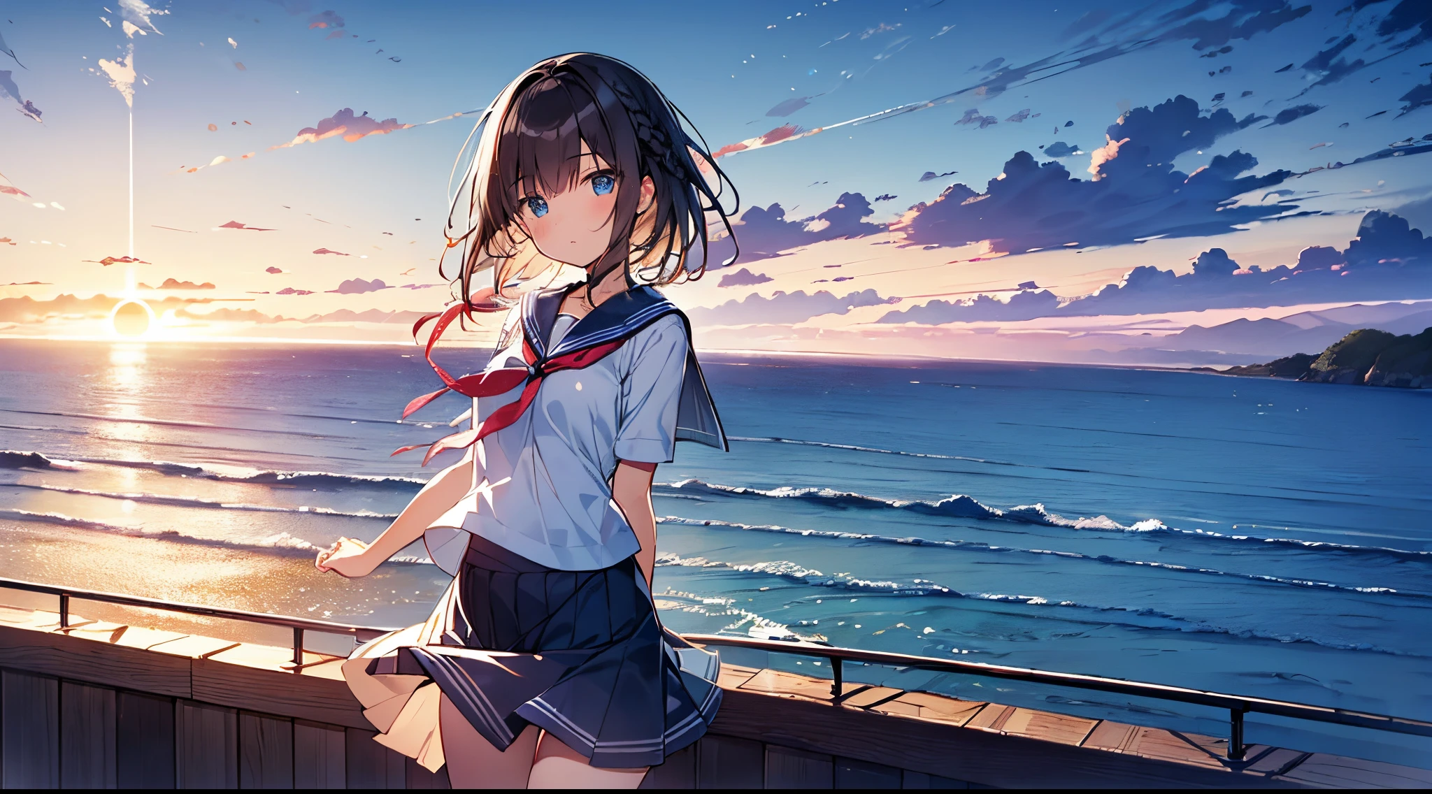 masutepiece, Best Quality,Illustration, Wallpaper, Ultra Detail, absurderes, 1girl in, Solo, (Medium short hair、short braided hair), Beautiful detailed eyes, beautiful detailed fingers,with blush cheeks,after rain , (ocean type:1.3), Sunset sky after rain、Hair that flutters in the wind,(a panoramic view:1.3),(Sense of depth:1.5),(longshot:1.3)、early evening、(Sunset sky),a sailor suit,a short skirt,(thigh visible),The ribbon on my chest is fluttering in the wind,(moderate shaking)