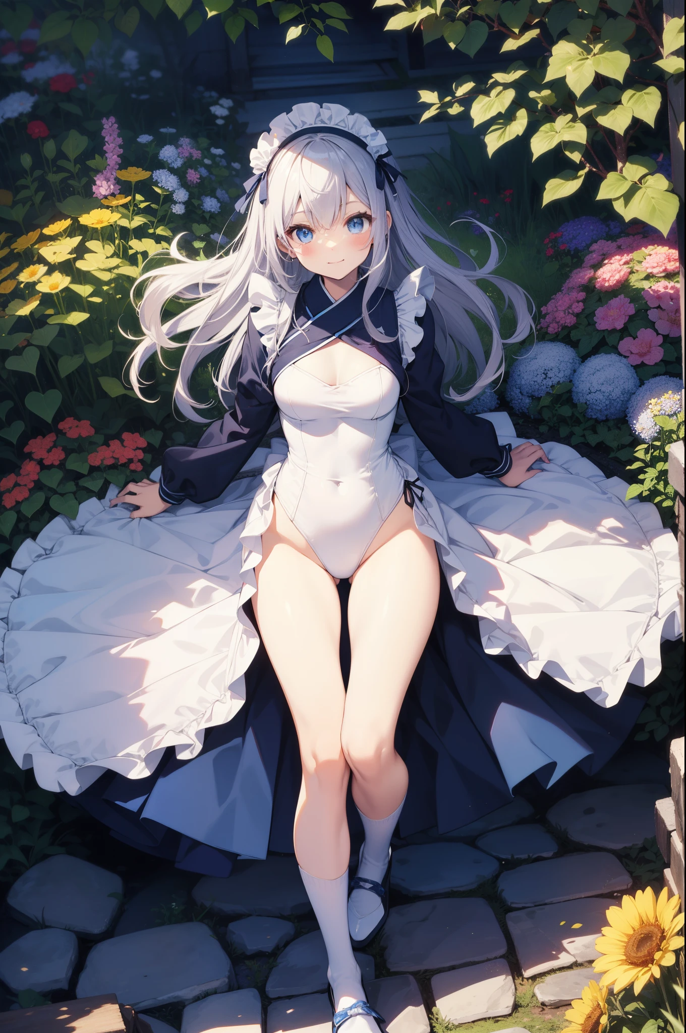 Beautiful illustration、top-quality、cute petit girl、(transform sequence)、Blue Japanese style maid uniform、((White leotard))、14years、a junior high school student、Slender beautiful girl、Fractal Art、baby-face、silver straight long hair、beautiful detailed blue eyes、kindly smile、Full body display、Western-style garden、(1人)、long-sleeve、Beautiful garden、knee high socks、is standing、(highleg)、