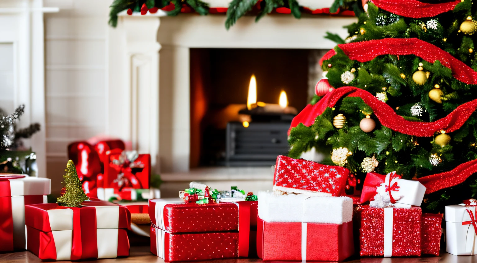 Xmas,There are many presents around the Christmas tree,Fireplace on background,