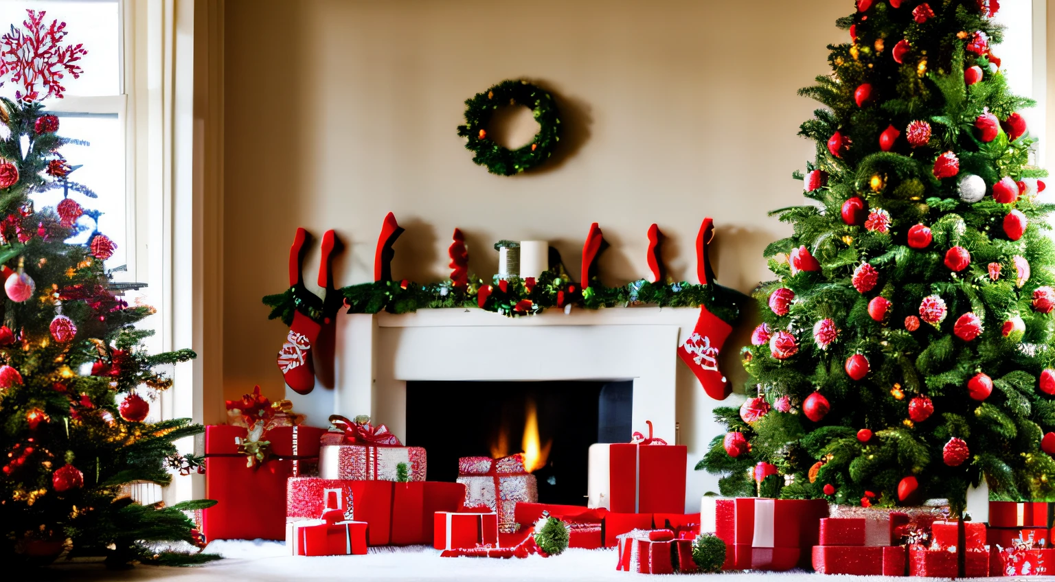 Xmas,There are many presents around the Christmas tree,Fireplace on background,