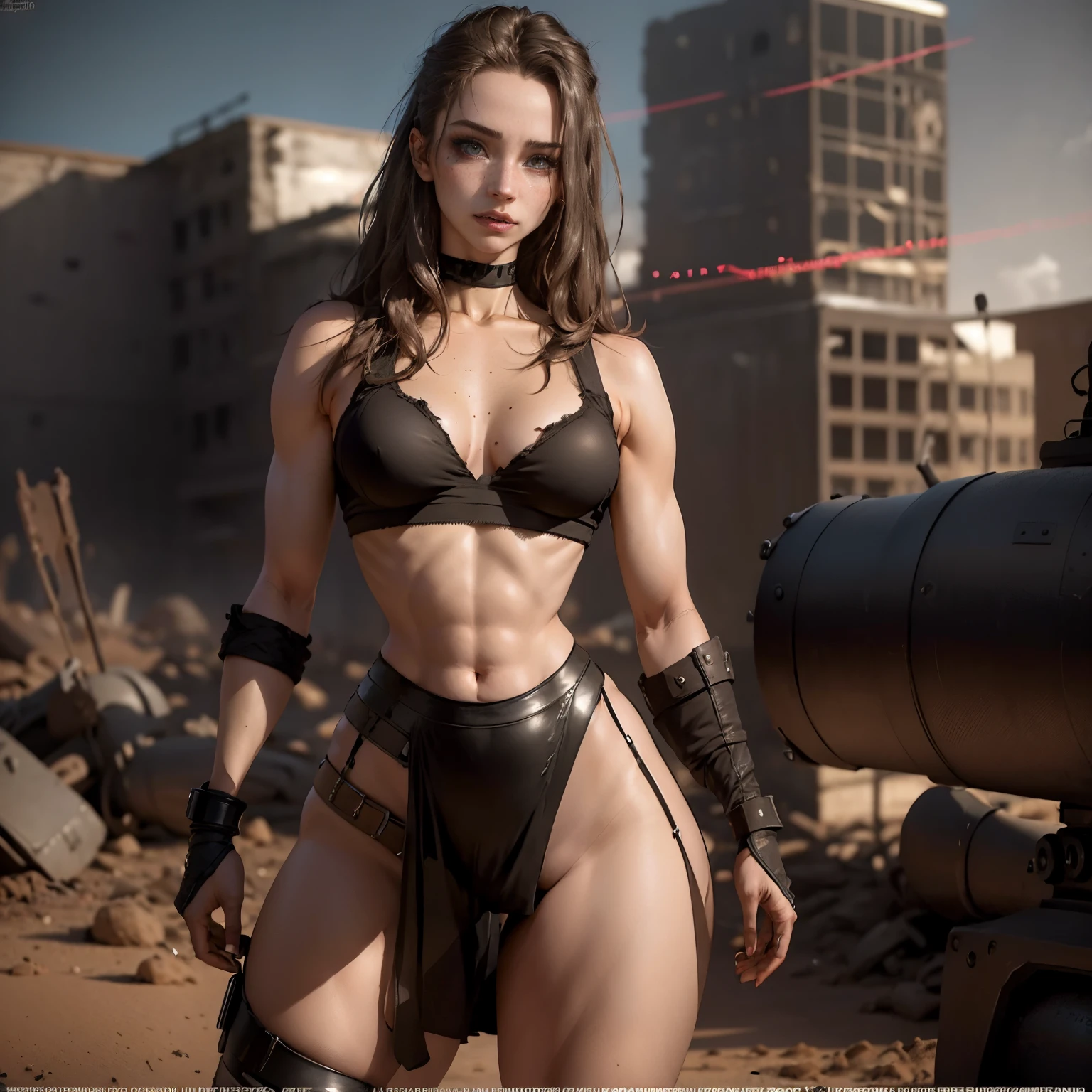 Post-apocalyptic sexy female (enjinight) warrior in shirt and black fishnets, wide hips, scantily clad, cyberpunk model wearing black leather, black dress, black skintight and skintight crop top, ((exposed midriff)), freckles, trending on instagram, style realistic photography