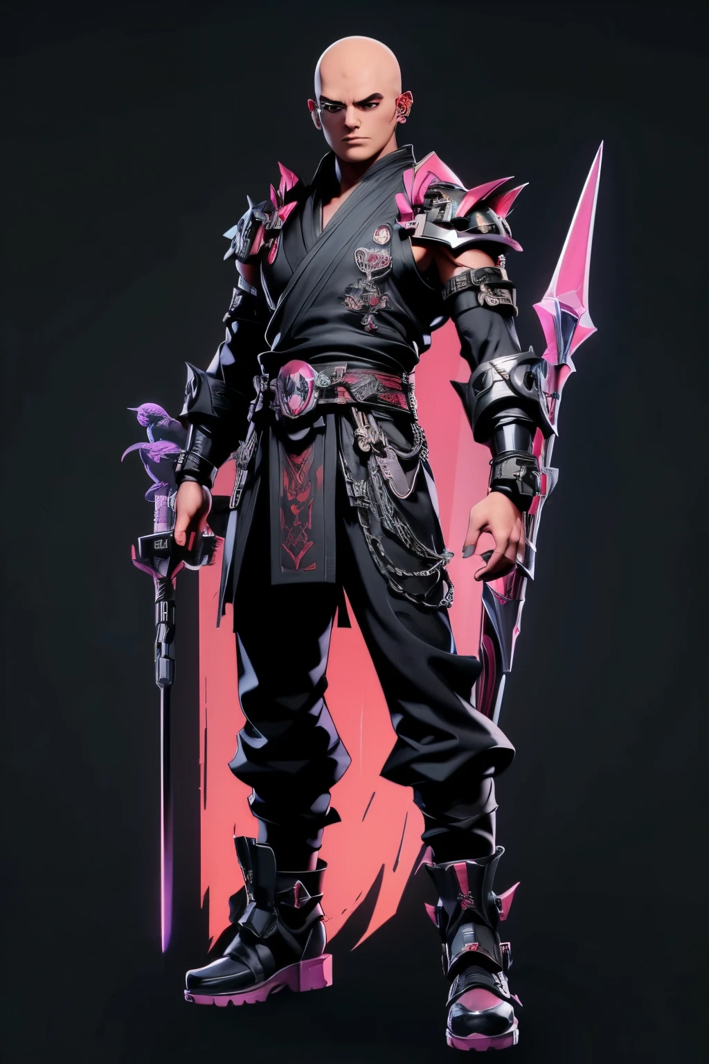 01_(Stylized character concept art), (1.full body figure), (3D character concept), (game character design).
(Description of the hero), (a young man, a Shaolin monk who combines traditional elements of ancient Chinese martial masters and modern urbanized details of appearance). (A smoothly cropped head, a piercing gaze, this is a fighter, an artist, a cyber-mage. He has a strong physique, a bald head, a strong neck, shoulders, arms, strong legs). (Dressed in a loose silk kimono, decorated with traditional Chinese patterns; flowers, peonies, skulls, birds. A wide belt girds a strong torso, the open chest is covered with rosary beads. Arms and legs are protected by combat protective elements in a futuristic style, cyberpunk, cyber fighter. ! On her feet are cool white shoes, with thick soles!). (His weapon, the magic of fine arts, is armed with a long pole, this is a technological device, vaguely reminiscent of a traditional fighting pole, metal, electronic, cyber weapons. With the help of virtual images, the Fighter Monk is able to recreate various elements in space; dragons, demons, birds, flowers, and dead people. He is depending on the level of accumulated energy and the presence of “primary elements”).
02_The image is made in the style of a concept sheet, white background, (one character, full height), weapons in hands, (spectacular dynamic - combat pose with a pole, creates a combat phantom in space). (Clothing colors, muted orange, metal elements, plastic; Cyberpunk style, future fighter).
03_Stylization, game character concept, white background, one full-length hero. Stylization; fantasy - cyberpunk, Riot Games, League of Legends, World of Warcraft. 3D character, game model, high quality – artistic hand-drawn 2D textures; (diffusion, transparency, glow, relief.) Rich, balanced color scheme, linear graphic outline in black.