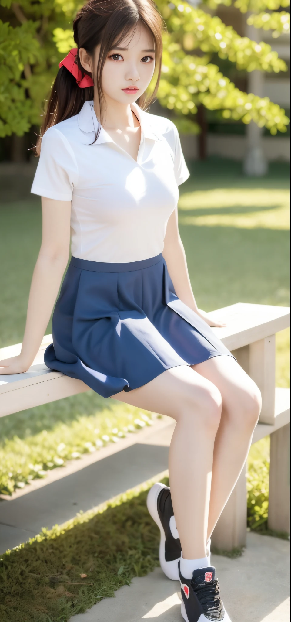 Alafid Asian woman sitting on park bench, girl in uniform, wearing volleyball jersey, Wearing a polo shirt, Sporty, xintong chen, anime thai girl, tennis wear, photo of slim girl model, cute sportswear, ChineseGirl, jinyiwei, JK school uniform, model in Japan, nanquan, gorgeous chinese models, Korean girls, Japan schoolgirl school uniform