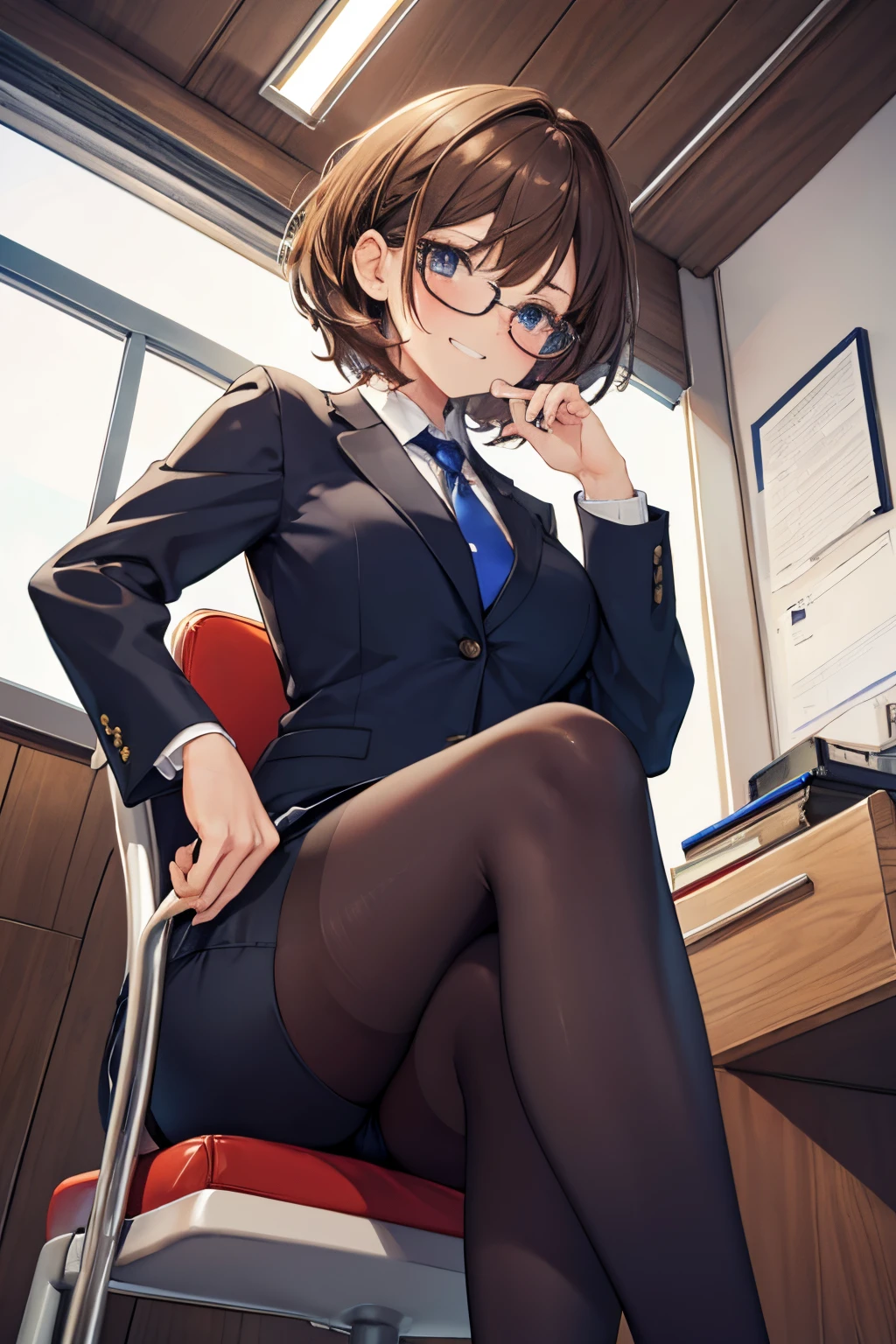 (masterpiece), (Best Quality), High resolution, Ultra Detail, photographrealistic, 8K, intricate face, Soft , Narrow waist, athletic bodies, Detailed body, Detailed face, Beautiful, brown hair, short permed hair, Business Suit, pencil skirts, tie, Wearing glasses, grinning evily, Put your hand to your mouth, Dye cheeks, Sitting on a chair, cross one's legs, Office, (low angles, From below),
