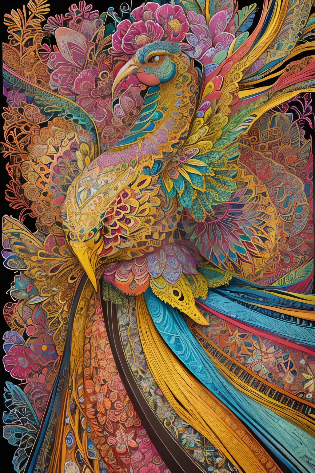 (masterpiece, top quality, best quality, official art, beautiful and aesthetic:1.2), (1 bird:1.3), , extremely detailed,(fractal art:1.1),(colorful:1.1)(flowers:1.3),highest detailed,(zentangle:1.2), (dynamic pose), (abstract background:1.3), (persian Traditional miniatur:1.2),  (many colors:1.4),