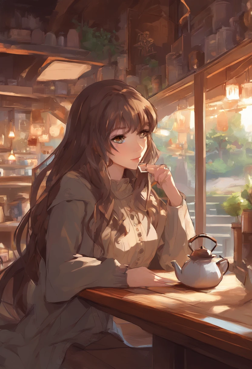 foreshortening, depth of fields, masutepiece, Best Quality, 1girl in, Brown hair, Brown eyes, Long hair, tea shop, Solo, Looking at Viewer, sweater girl ,Relax at a rural coffee shop