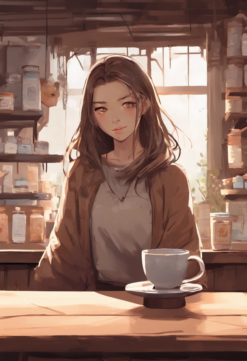 foreshortening, depth of fields, masutepiece, Best Quality, 1girl in, Brown hair, Brown eyes, Long hair, tea shop, Solo, Looking at Viewer, sweater girl ,Relax at a rural coffee shop