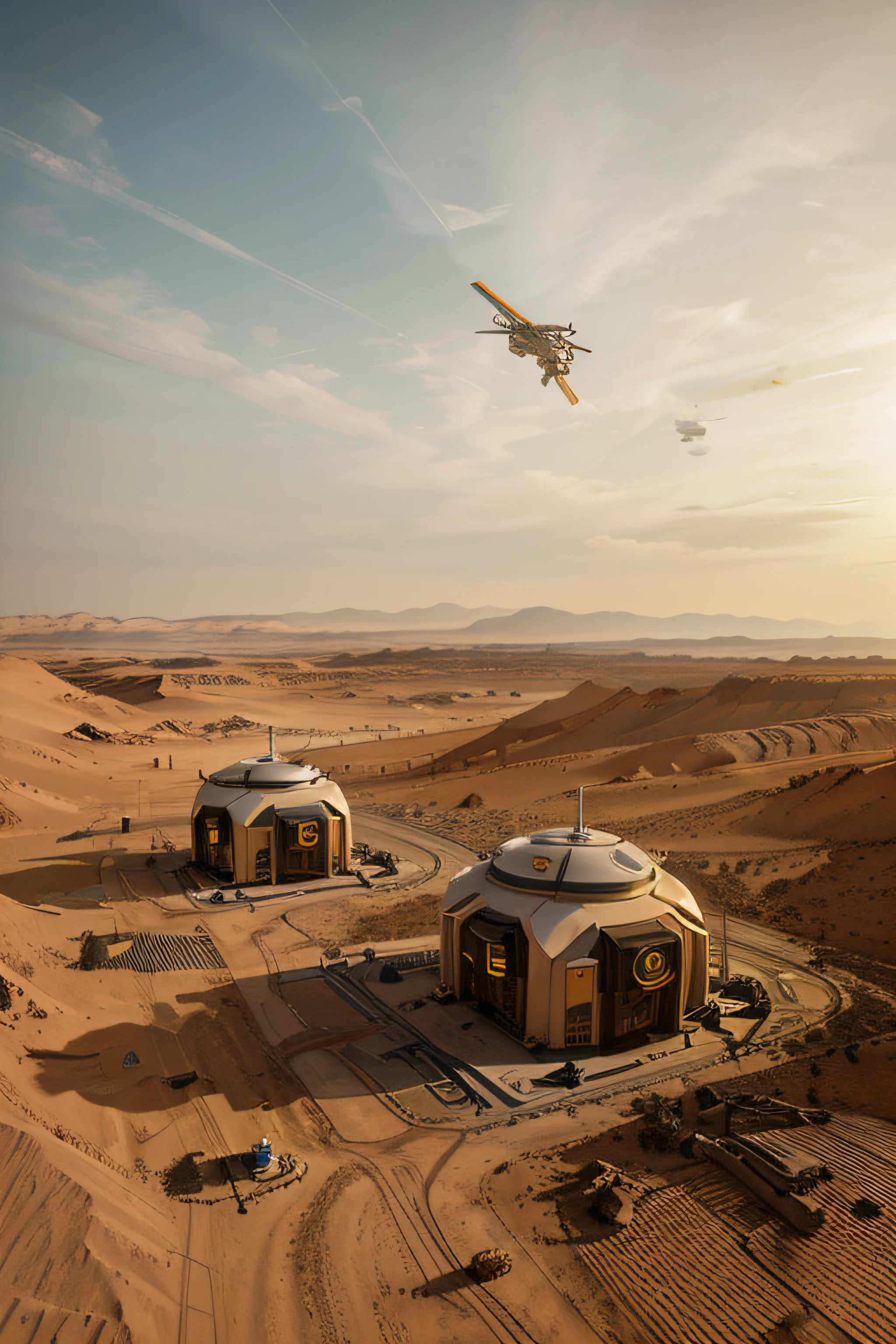 On Mars,Multiple technological robotic arms are building streamlined scientific research buildings,Streamlined housing and roads with a sense of technology。Yellow sky,High-tech aircraft flying in the sky,No plants,Construction machinery,Details of technological robotic arm,basic architectural details,super wide shot,High realism,lightand shade contrast