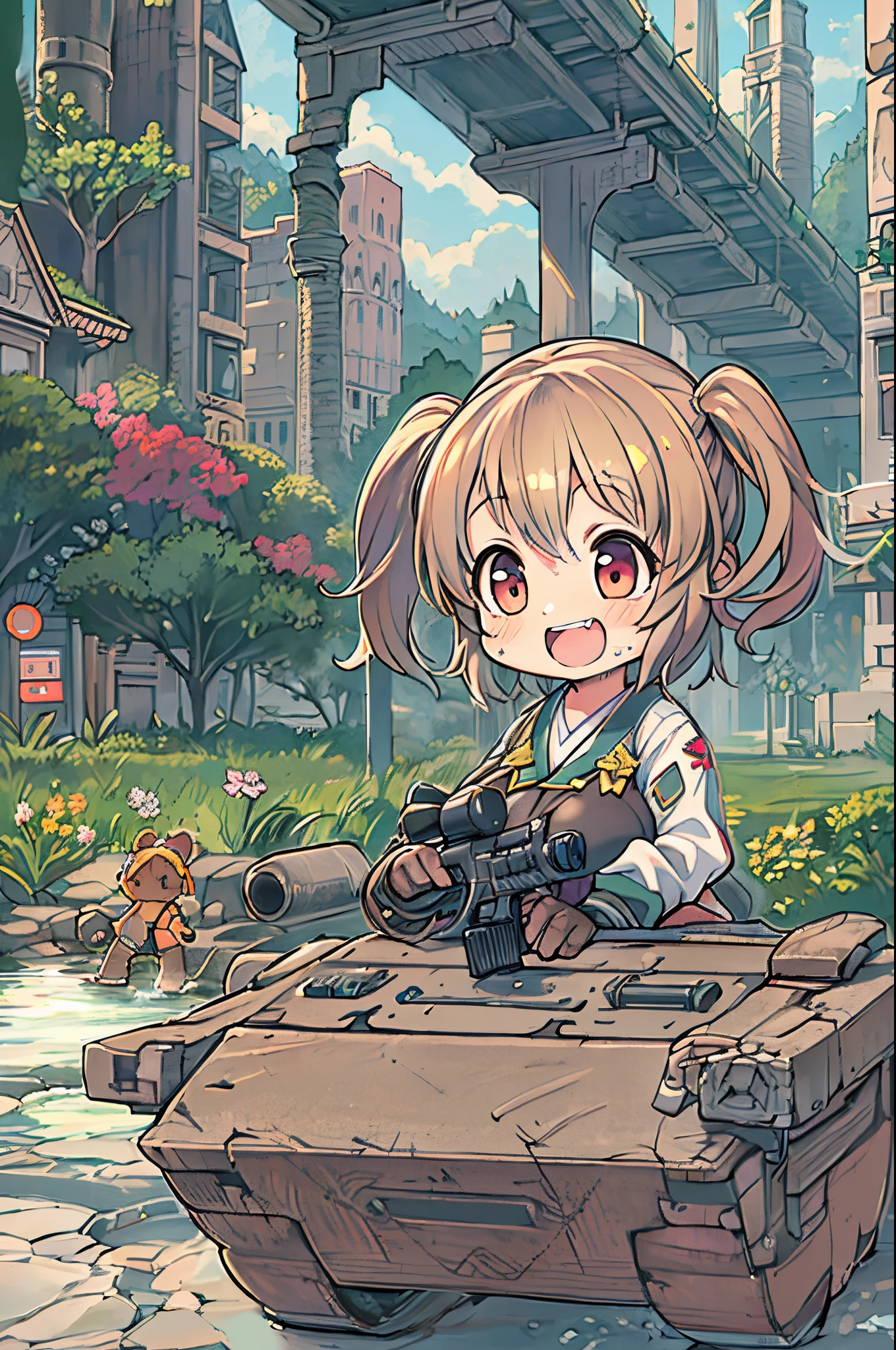 huge-breasted、kawaii、8 years old girl、A huge smile on my face,Chibi, beautiful anime scene, Anime landscapes, Anime Background, Beautiful anime scenery, Beautiful peace scenes in anime, Huge assault rifle