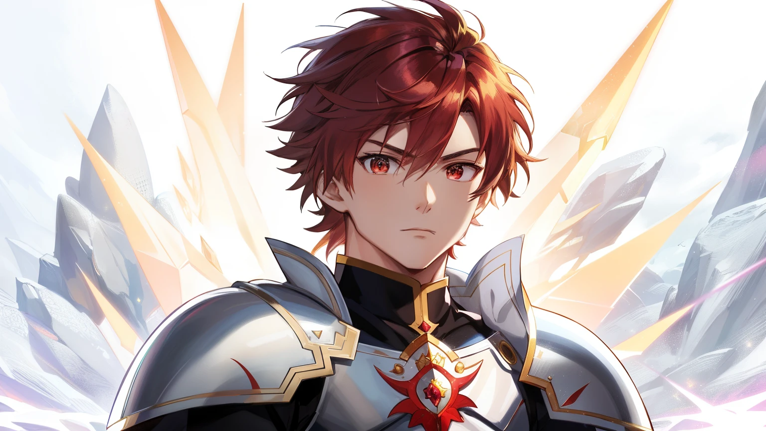 Close-up of a man in a white dress costume holding a sword, Knight of Zodiac Boy, Portrait Knight of Zodiac Boy, Boy with short red hair, Boy with brown eyes, Muscular men, masculine and muscular, Shining ruby armor, Enchanting Prince Night, Dressed in light armor, Dress Armor Boy, Shiny ruby armor, Galactic Prince, Crystal Ruby Armor, Hymns to the King as a Prince, High quality anime art style, smooth anime cg art, Prince Knight, digital manga art, Magical Boy Anime Mahou Shōnen, Prince of Ruby, Ruby reflective armor