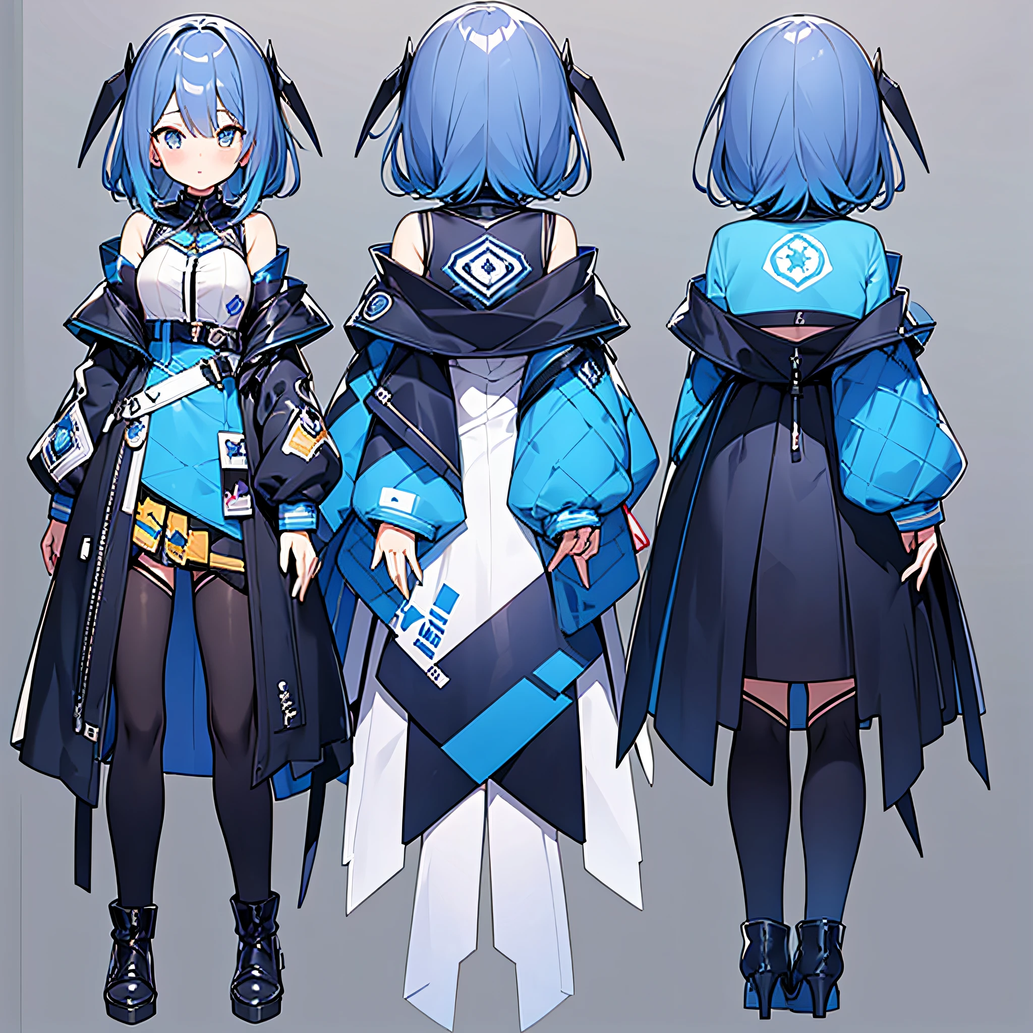 masterpiece, high quality, virtual youtuber, girl, blue bob hair, (concept art, official art, full body)(three sided view:1.3), front and back and side, character sheet, simple background