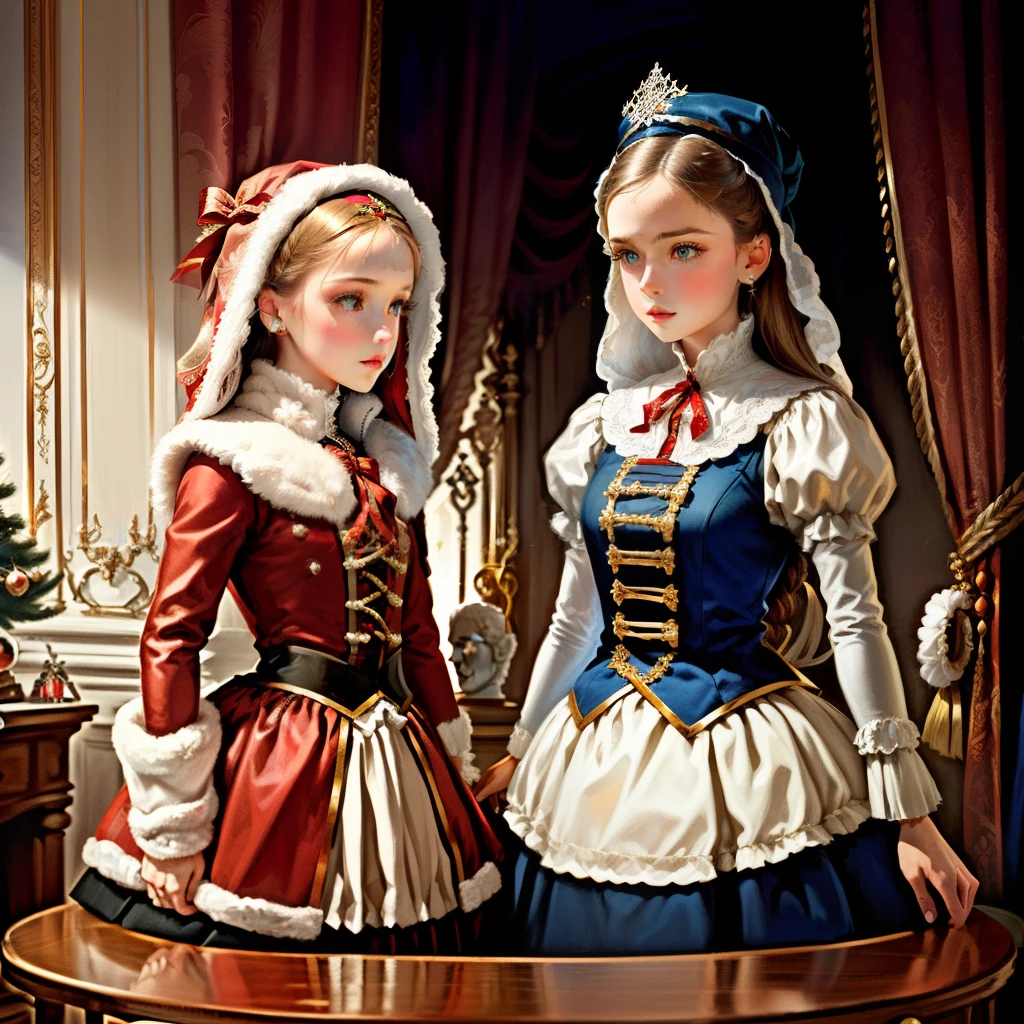 five human sized dolls looking like young women, lined up, on display against a bookcase full of books, in a mansion, cleavage, short skirts, wearing doll clothing, wearing doll makeup, fine details, realistic noses, beautiful eyes, realistic faces, blank expressions, looking straight ahead, blonde hair, brown hair, black hair, red hair, enchanting, soft lighting, hands at their sides