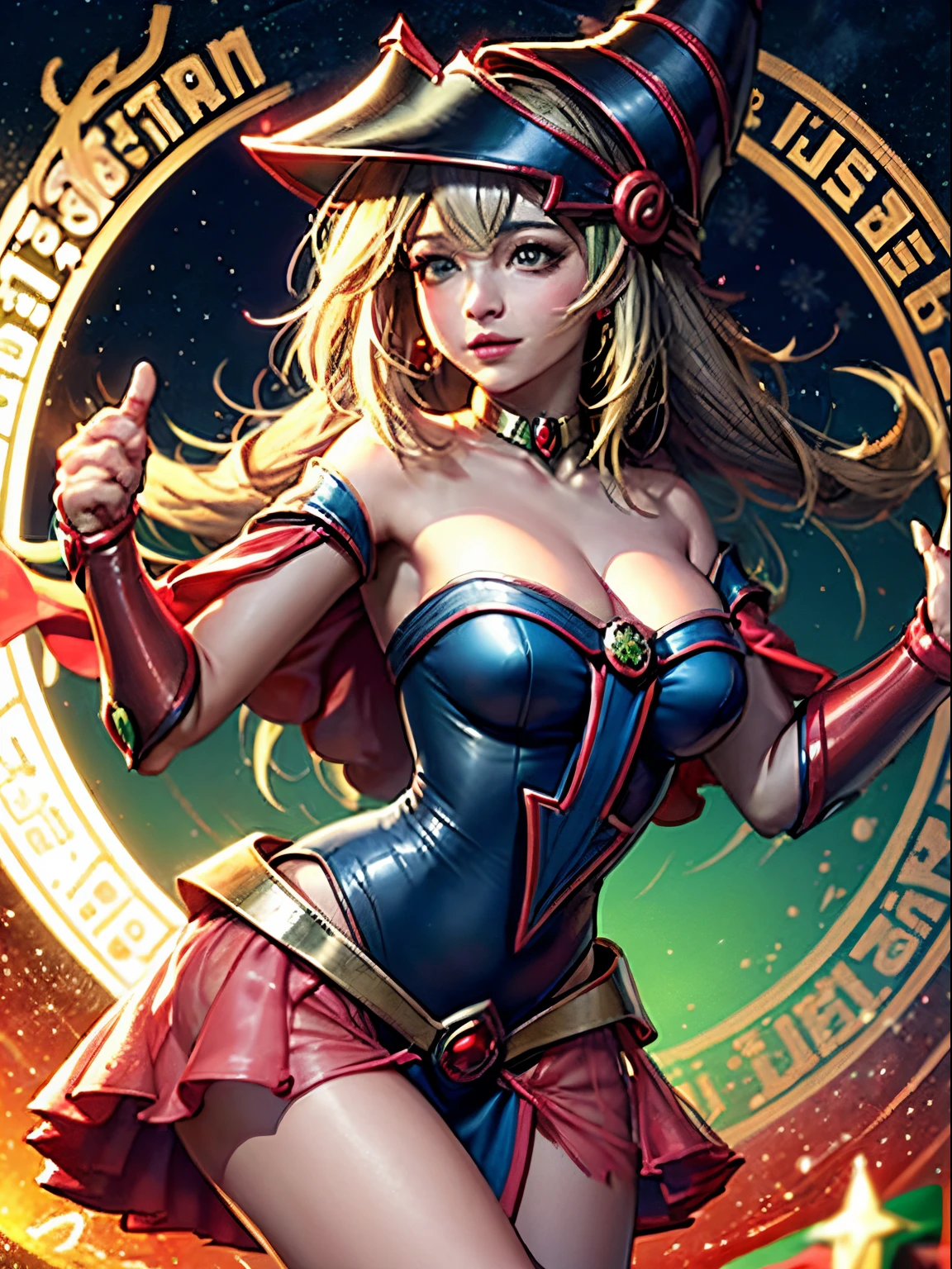 Dark magician gils con vestido rojo,((see through)), extremadamente detallado, rubio,(((Mini falda diminuta))), ((skirt lift)),(((tanga visible))),Sonriendo, ojos azules, realista, tacones rojos, (((Navidad))), escote, ((christmas tree, Regalos)), cabello rubio claro. Corazones de Magia.