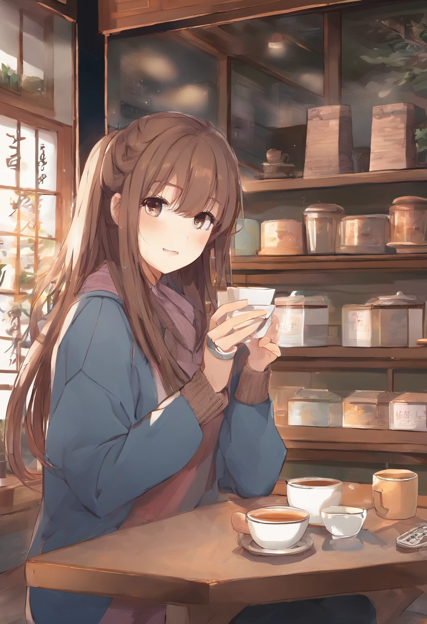 foreshortening, depth of fields, masutepiece, Best Quality, 1girl in, Brown hair, Brown eyes, Long hair, tea shop, Solo, Looking at Viewer, sweater girl ,Relax at a rural coffee shop