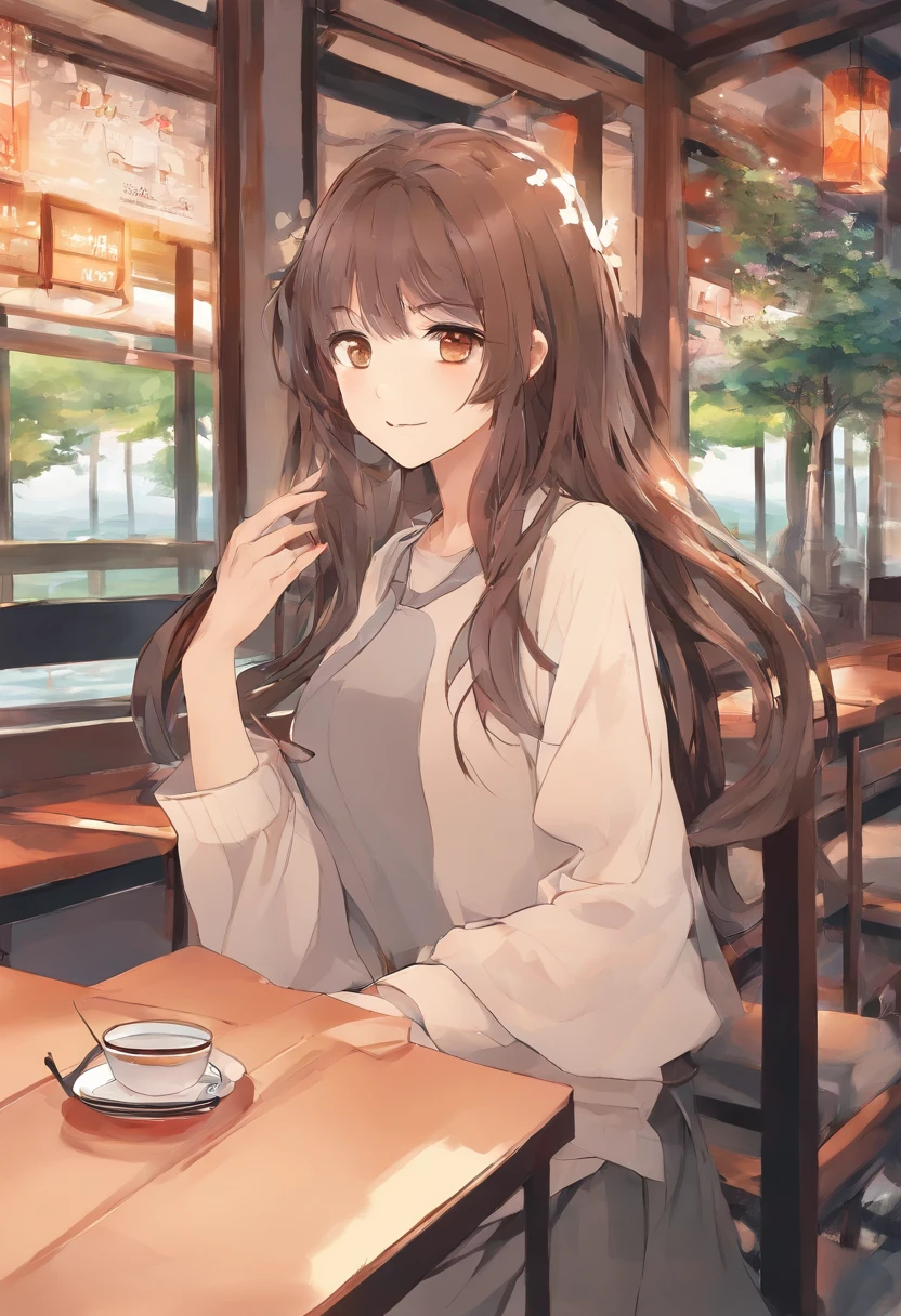 foreshortening, depth of fields, masutepiece, Best Quality, 1girl in, Brown hair, Brown eyes, Long hair, tea shop, Solo, Looking at Viewer, sweater girl ,Relax at a rural coffee shop