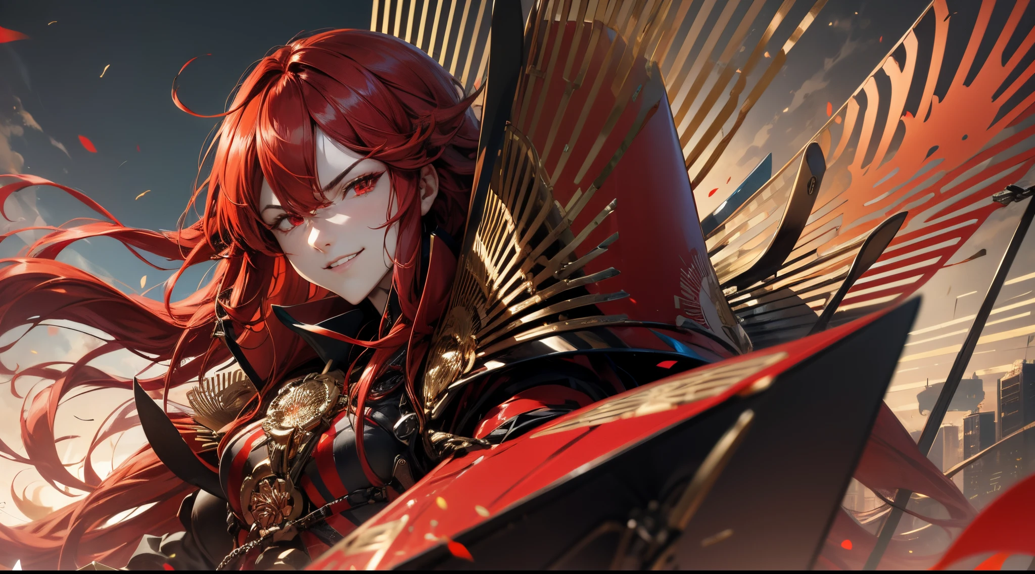 Oda Nobunaga, Fate Grand Order, red hairs, red eyes, red robot armor,  cyberpunked, Skyscrapers, Red Bicycle, natta,  A smile,