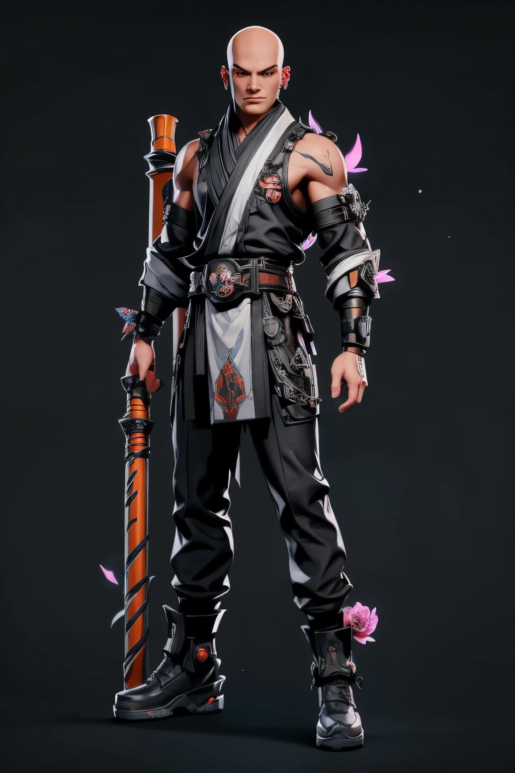 01_(Stylized character concept art), (1.full body figure), (3D character concept), (game character design).
(Description of the hero), (a young man, a Shaolin monk who combines traditional elements of ancient Chinese martial masters and modern urbanized details of appearance). (A smoothly cropped head, a piercing gaze, this is a fighter, an artist, a cyber-mage. He has a strong physique, a bald head, a strong neck, shoulders, arms, strong legs). (Dressed in a loose silk kimono, decorated with traditional Chinese patterns; flowers, peonies, skulls, birds. A wide belt girds a strong torso, the open chest is covered with rosary beads. Arms and legs are protected by combat protective elements in a futuristic style, cyberpunk, cyber fighter. ! On her feet are cool white shoes, with thick soles!). (His weapon, the magic of fine arts, is armed with a long pole, this is a technological device, vaguely reminiscent of a traditional fighting pole, metal, electronic, cyber weapons. With the help of virtual images, the Fighter Monk is able to recreate various elements in space; dragons, demons, birds, flowers, and dead people. He is depending on the level of accumulated energy and the presence of “primary elements”).
02_The image is made in the style of a concept sheet, white background, (one character, full height), weapons in hands, (spectacular dynamic - combat pose with a pole, creates a combat phantom in space). (Clothing colors, muted orange, metal elements, plastic; Cyberpunk style, future fighter).
03_Stylization, game character concept, white background, one full-length hero. Stylization; fantasy - cyberpunk, Riot Games, League of Legends, World of Warcraft. 3D character, game model, high quality – artistic hand-drawn 2D textures; (diffusion, transparency, glow, relief.) Rich, balanced color scheme, linear graphic outline in black.