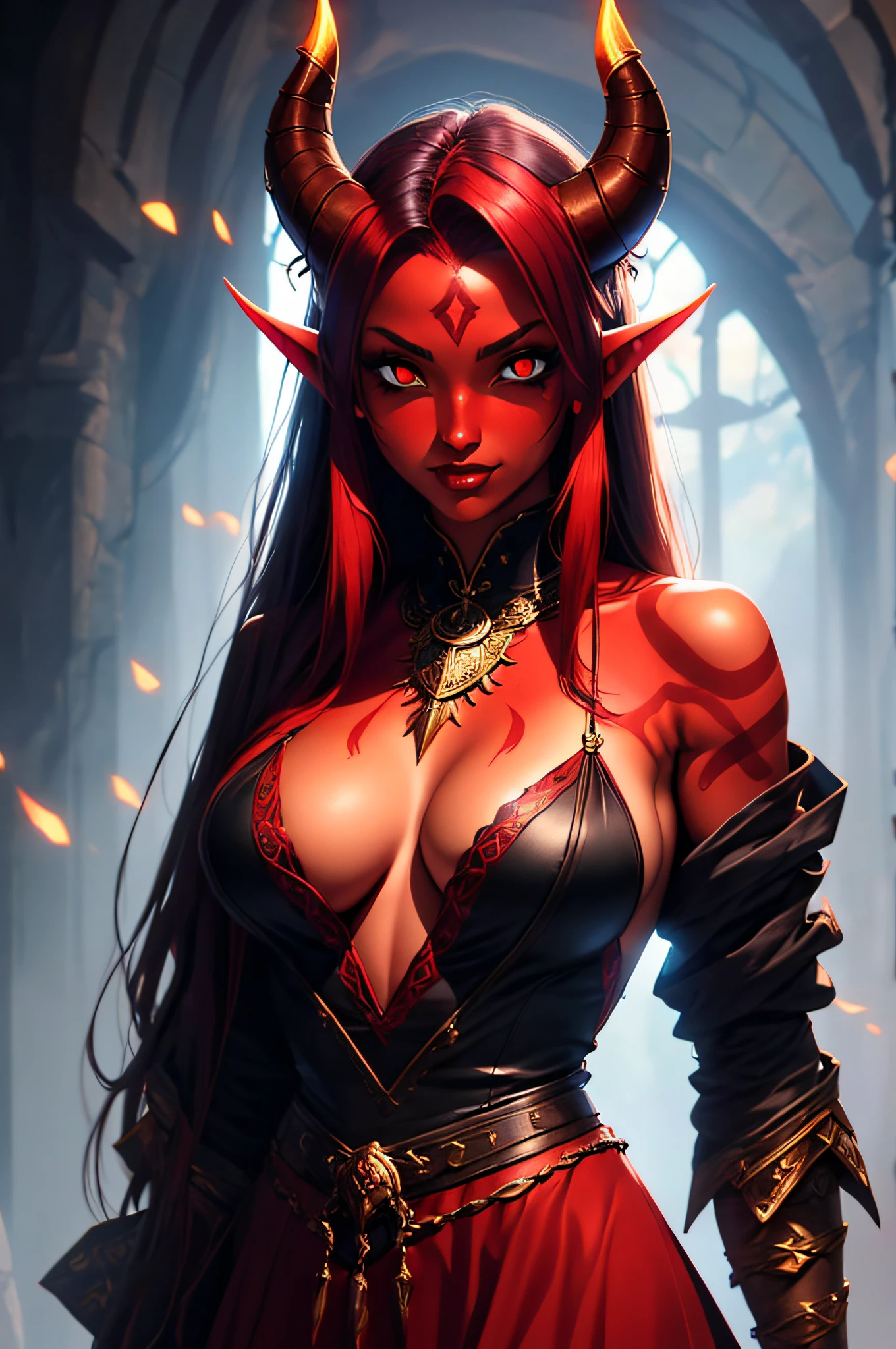 1girl, sexy tiefling, (red skin:1,5), (red black long floating hair), ((perfect demonic eyes)), pointed ears, (black horns:1,3), (huge breasts), (voluptous body), ((black priestess dress with cleavage)), black fingernails, ((dynamic pose)), volumetric lighting, best quality, masterpiece, realistic, anatomically correct, (strong cinematic lighting), ((rim lighting)), stunning details, intricate details, 8k post-production, High resolution, super details, trending on ArtStation, sharp focus, depth of field f/1.8, studio photos, (((looking at camera)))