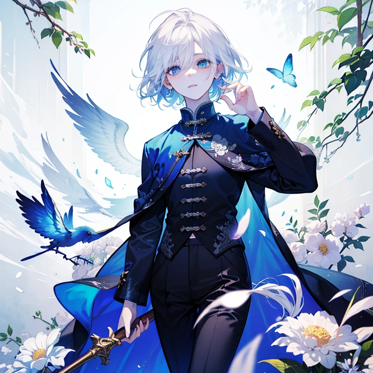 (in 8K、top-quality、​masterpiece:1.2)、1 boy、short-haired、Hair short、White flesh-colored、Beautiful Boys、White hair、angelicales、View here、flower petals、one white winged、Best Quality、Detailed written faces、Detailed background、looking-down、独奏、Light blue eyes、Straight Hair、Short boots、breeches、