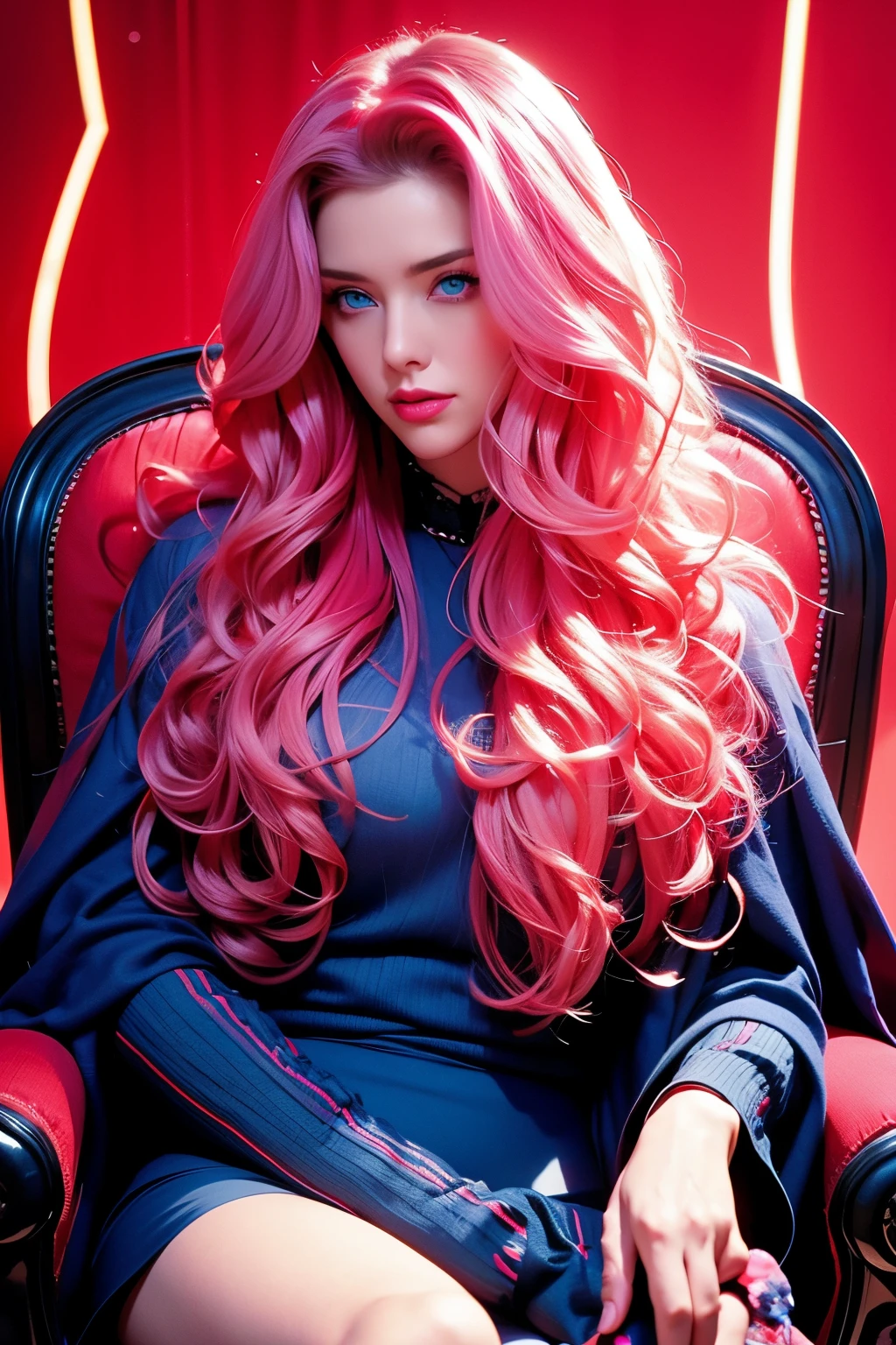 Woman, long curly hair, pink hair, blue eyes, sitting on the red armchair, sexy, highlighted eyes, dark colors, red neon color