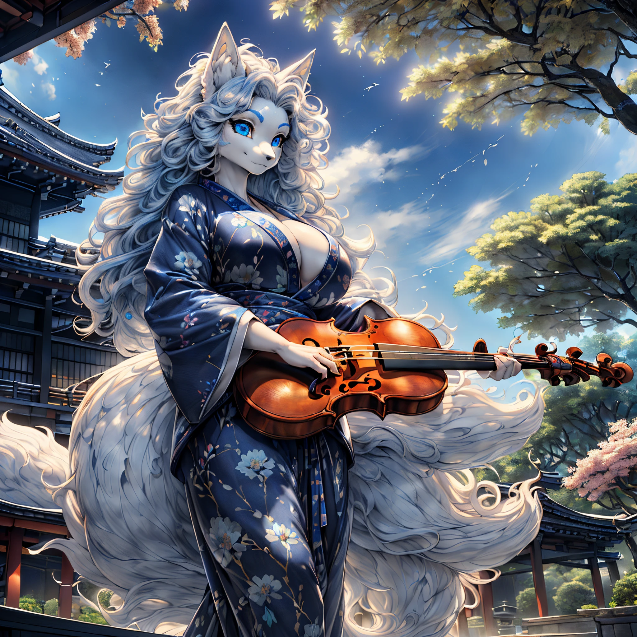 1girl (((Made by Complextree))), (Alolan Ninetales), ((solo)), ((big and firm breasts, antrum, extremely detailed, extremely detailed legs, extremely detailed arms, extremely detailed face, perfectly detailed eyes,perfectly detailed anatomy, Curly hair, Wearing Yukata, Holding 1 Violin Nicely, Japanese Temple))