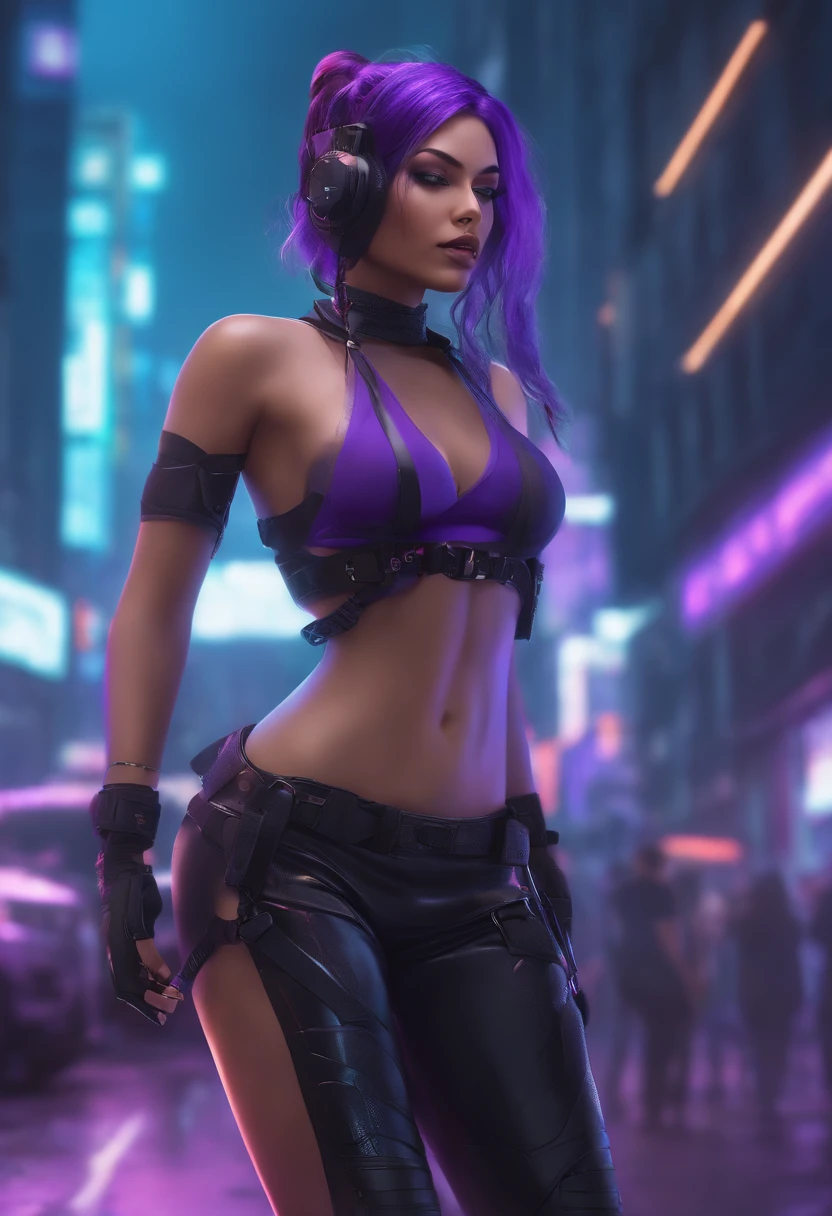 there is a woman standing with a rainbow light, 3 d neon art of a womans body, neon-noir background, cyberpunk femme fatale, seductive cyberpunk dark fantasy, cyberpunk strip clubs, cyberpunk 20 y. o model girl, oppai cyberpunk, banner, high definition cgsociety, cgsociety masterpiece, trending on cgstation, kda, beautiful face, sexy, exposed breast,